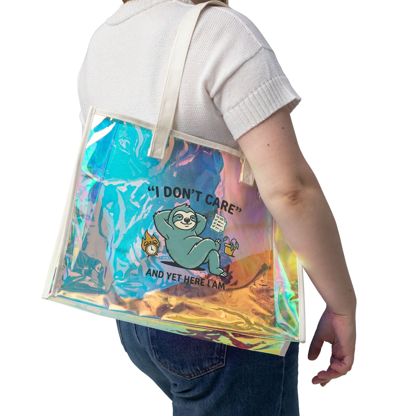 I Dont Care Sloth Beach Tote Bag Holographic Clear Summer Tote