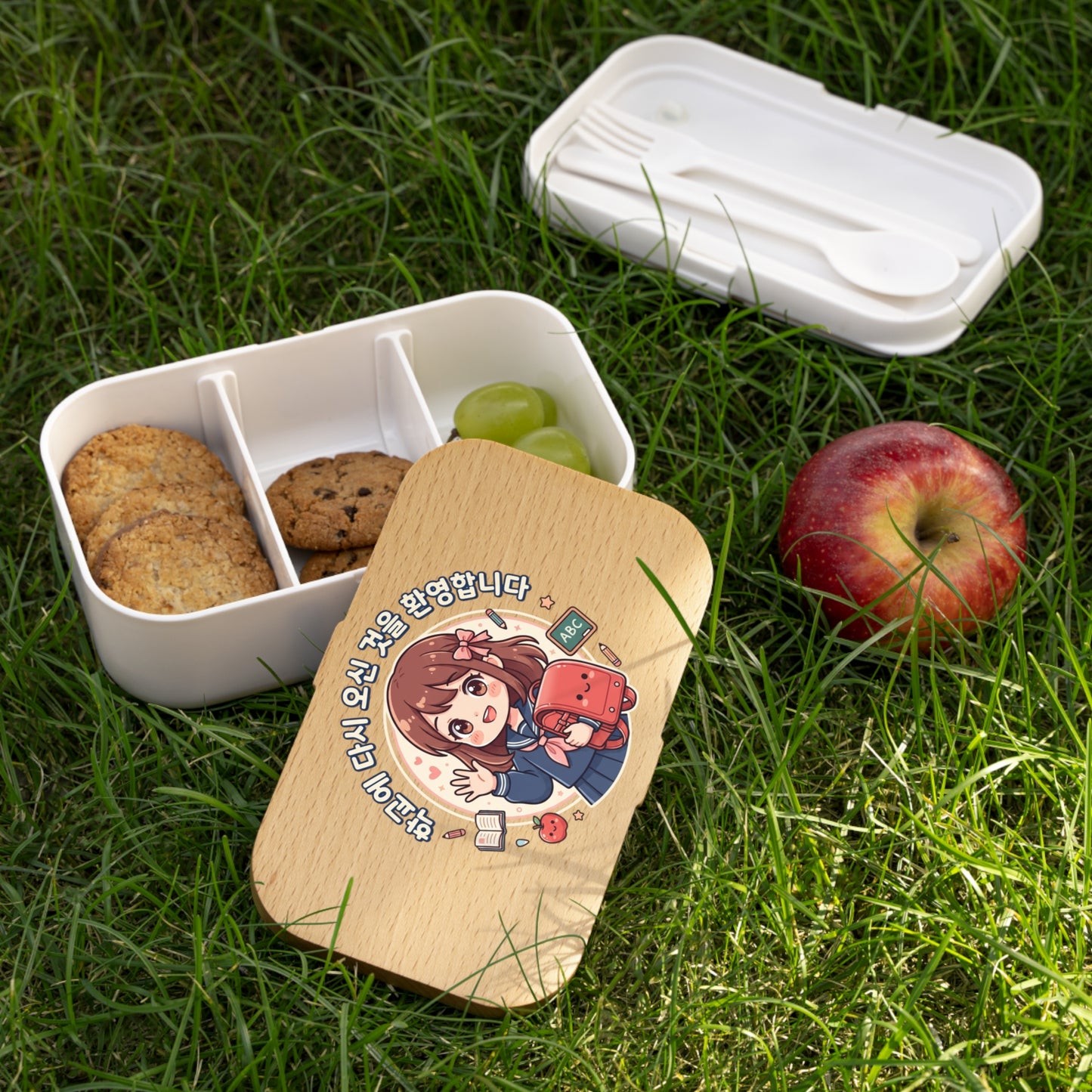 "Welcome Back to School" Korean Bento Lunch Box — Kawaii Anime Schoolgirl, Wood-Style Lid