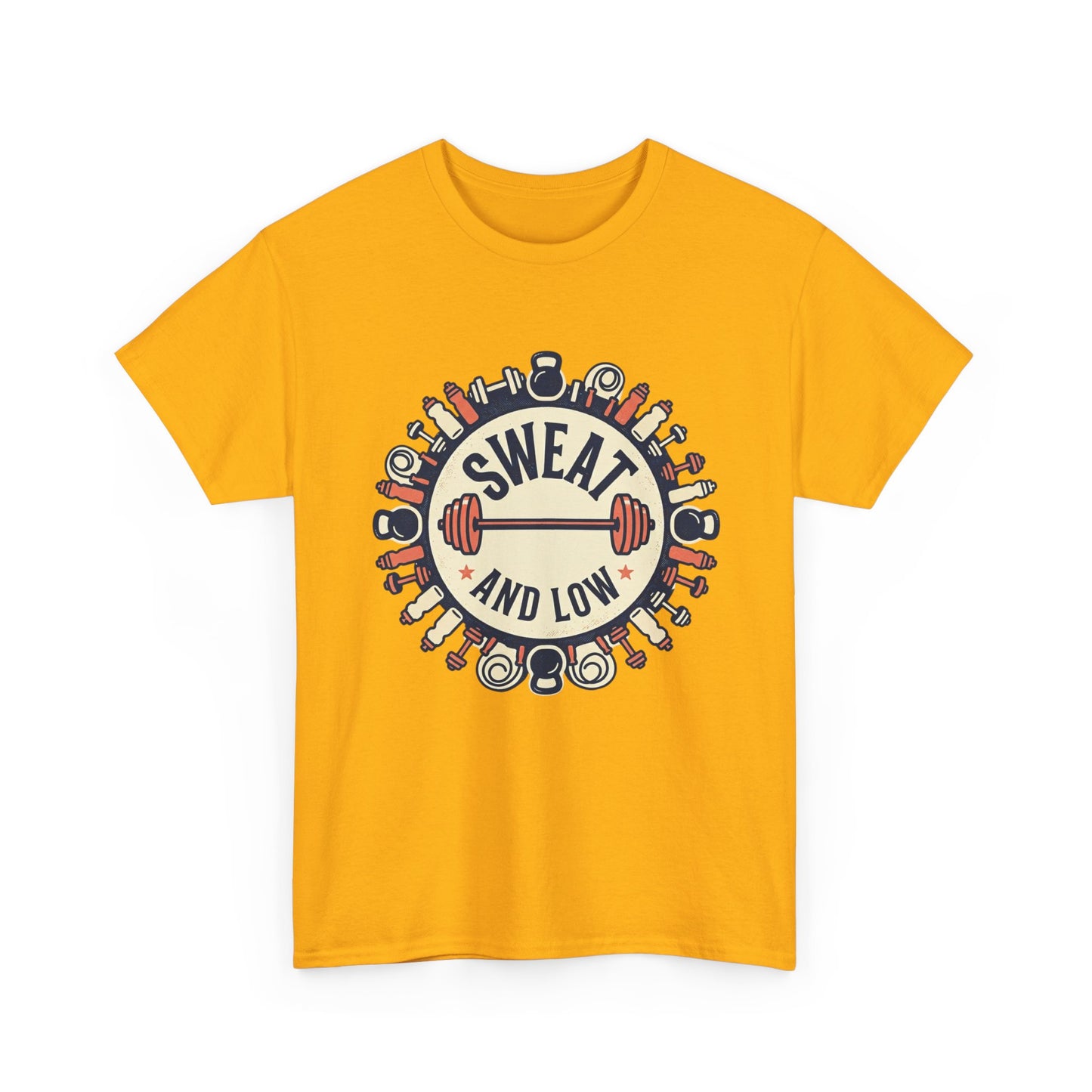 Sweat and Love T-Shirt | Fitness Emblem, Barbell and Kettlebell Design