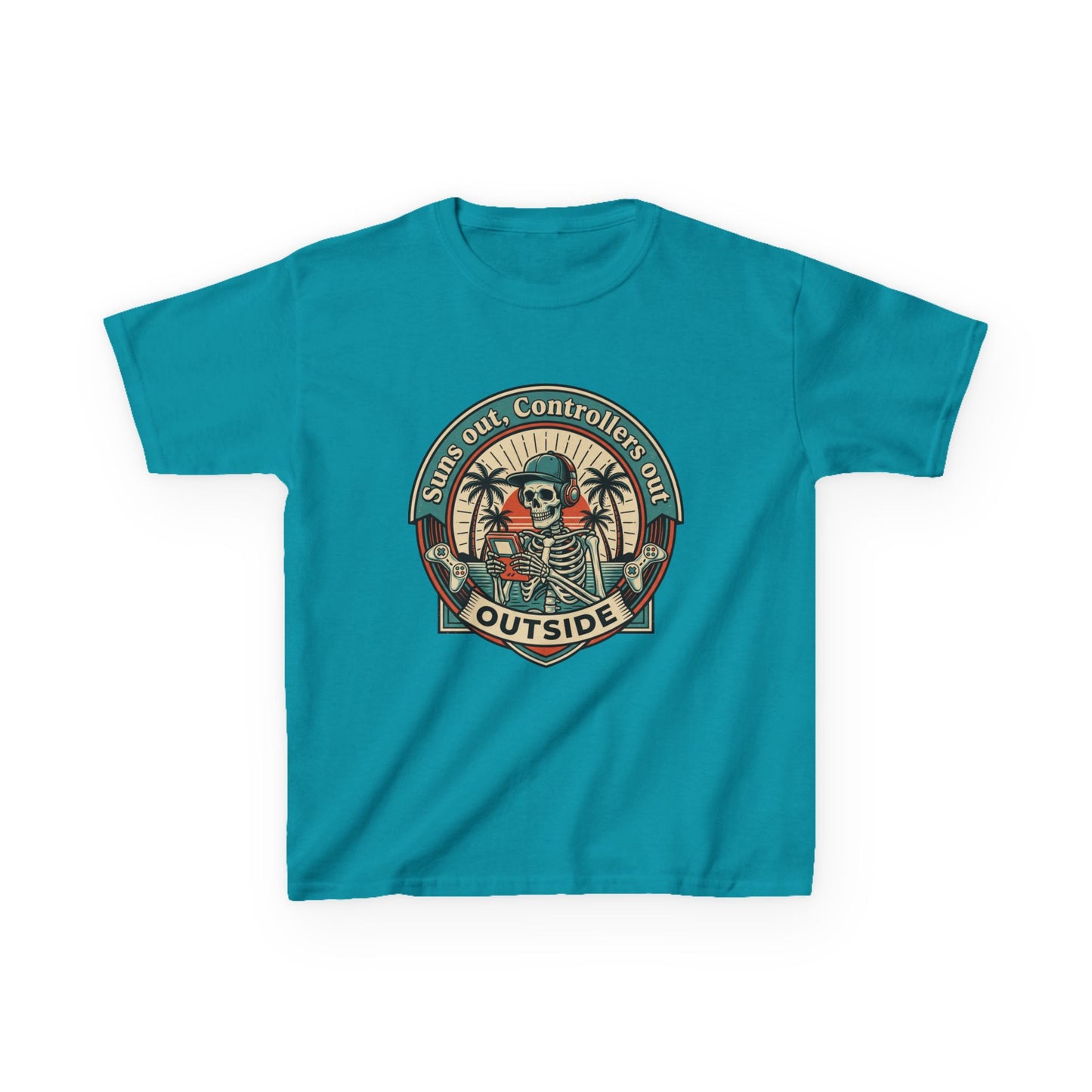 Skeleton Surf Scene Kids Tee | 'Stay Out, Controller's Out' Vintage Beach Badge