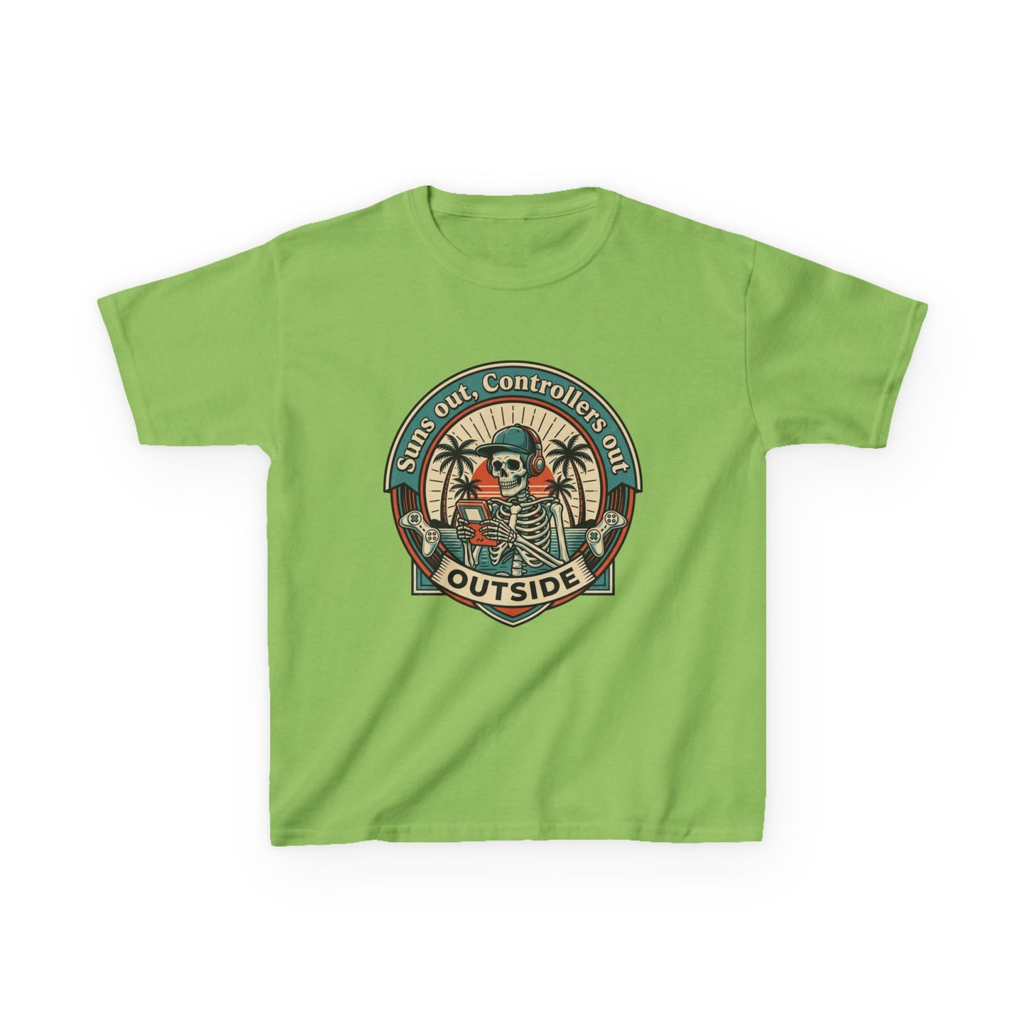 Skeleton Surf Scene Kids Tee | 'Stay Out, Controller's Out' Vintage Beach Badge