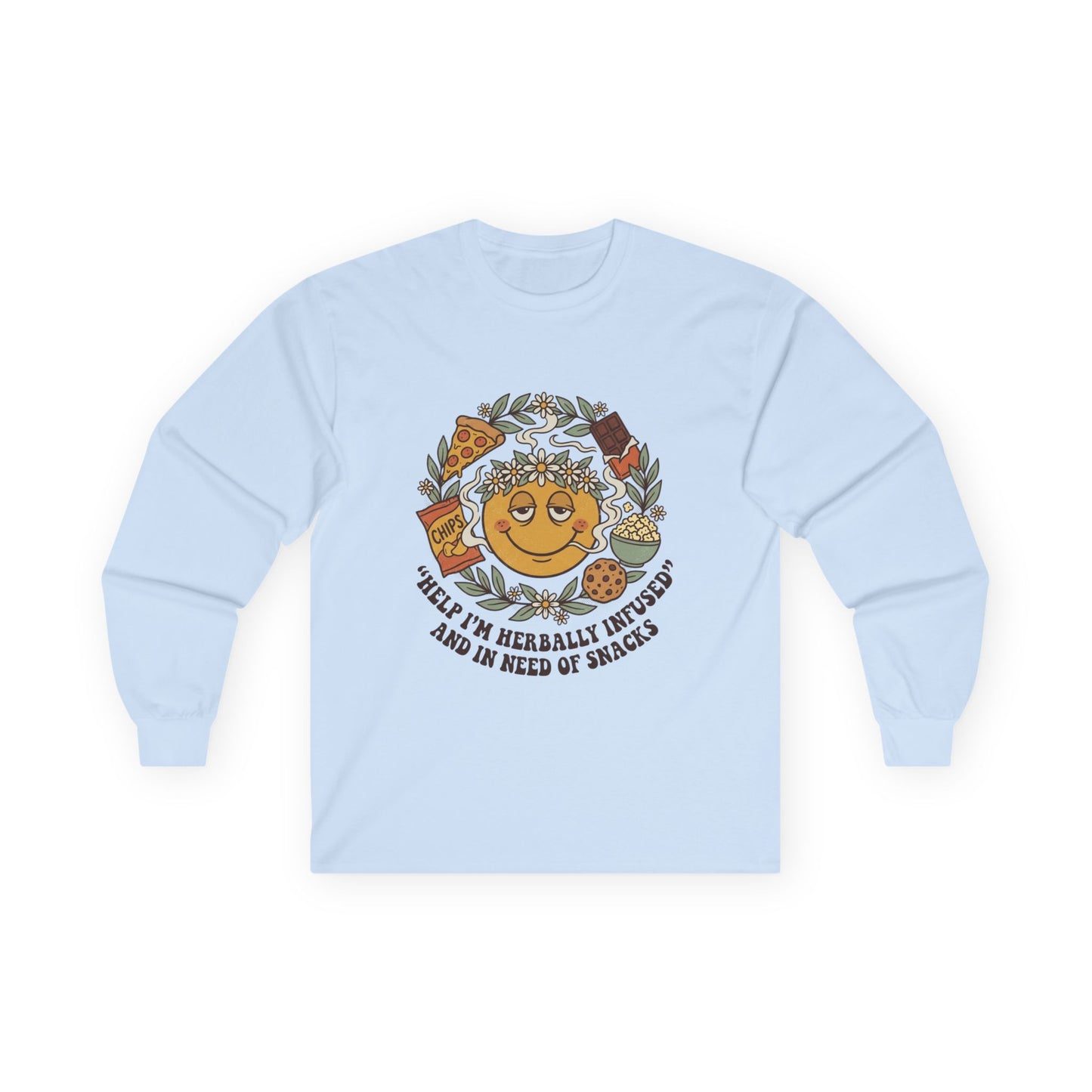 Long Sleeve Tee — 'Heal Thy Herbally Infused, Baked and Kneed of Snacks' Retro Smiley Snack Lovers Shirt