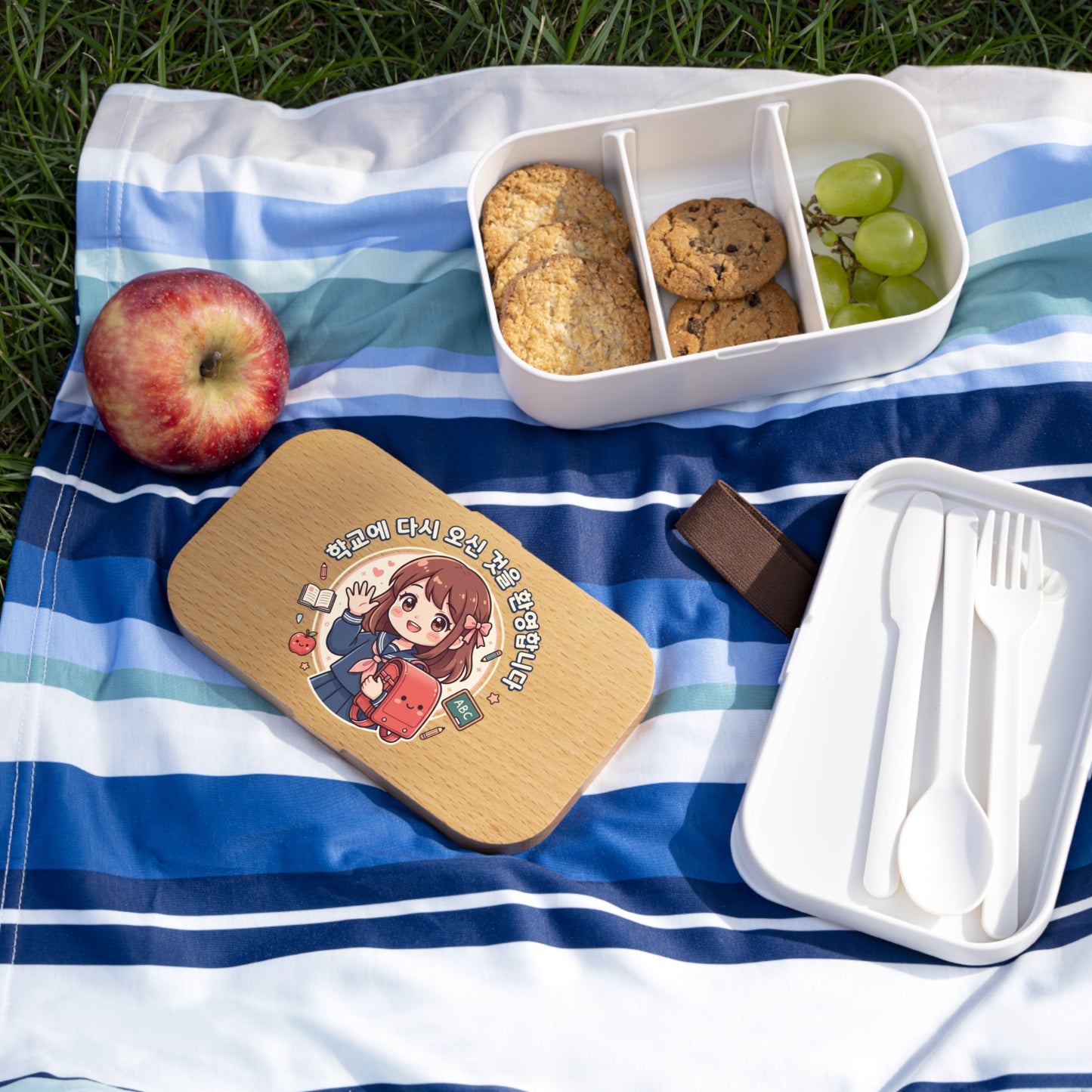 "Welcome Back to School" Korean Bento Lunch Box — Kawaii Anime Schoolgirl, Wood-Style Lid