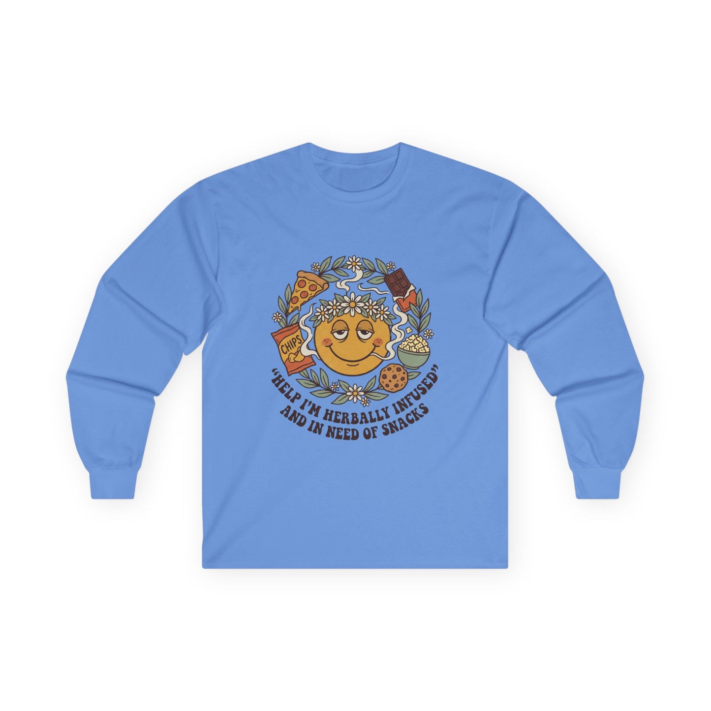 Long Sleeve Tee — 'Heal Thy Herbally Infused, Baked and Kneed of Snacks' Retro Smiley Snack Lovers Shirt