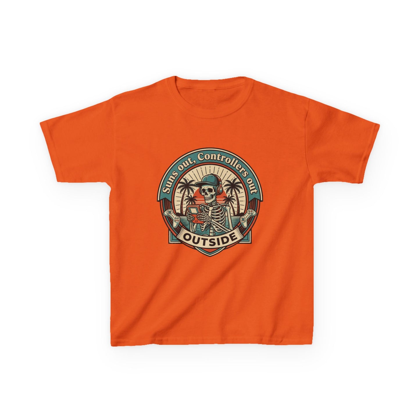 Skeleton Surf Scene Kids Tee | 'Stay Out, Controller's Out' Vintage Beach Badge