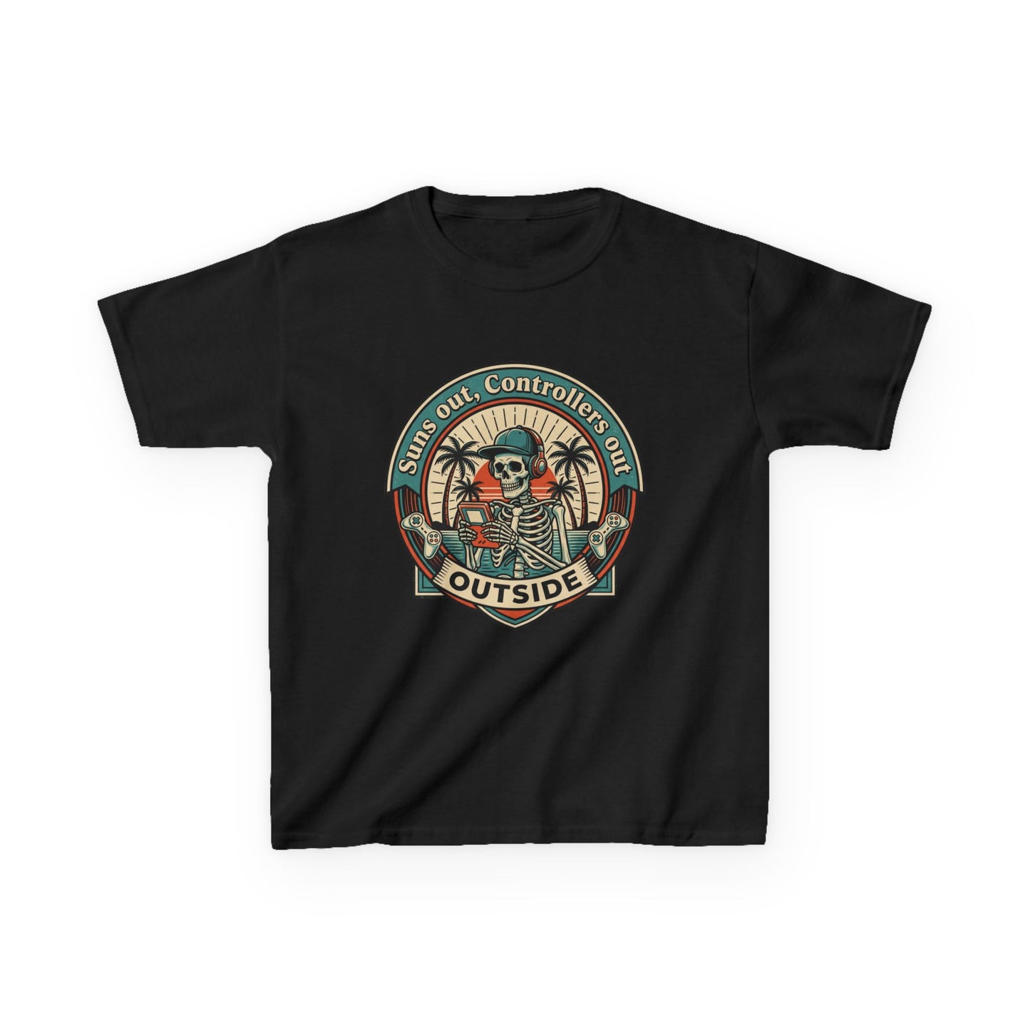 Skeleton Surf Scene Kids Tee | 'Stay Out, Controller's Out' Vintage Beach Badge