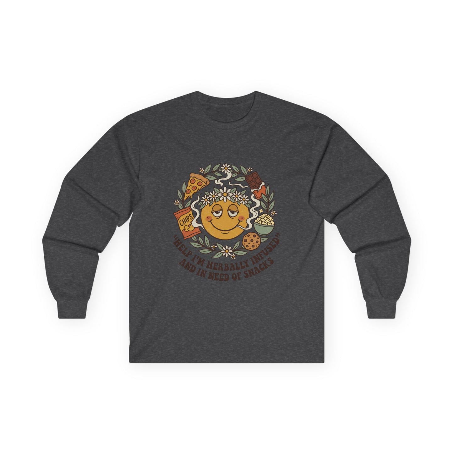 Long Sleeve Tee — 'Heal Thy Herbally Infused, Baked and Kneed of Snacks' Retro Smiley Snack Lovers Shirt