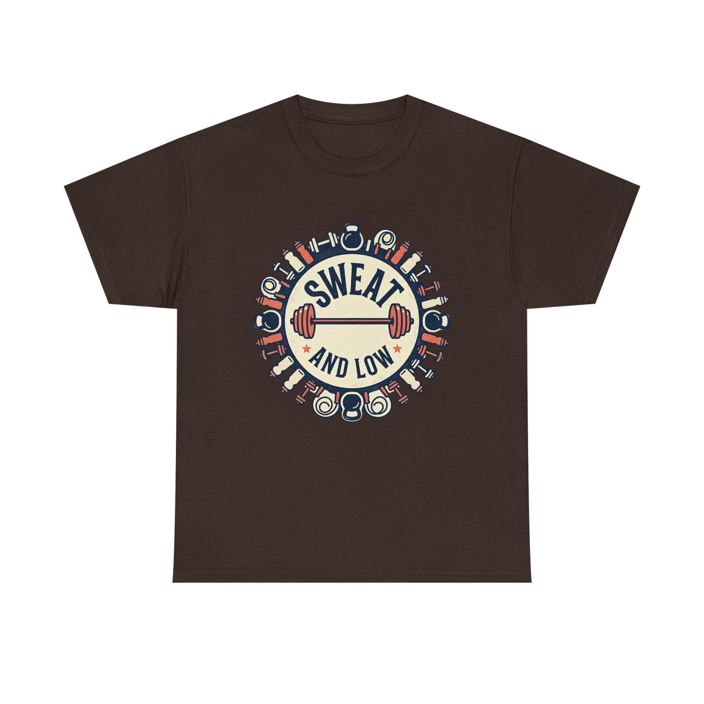 Sweat and Love T-Shirt | Fitness Emblem, Barbell and Kettlebell Design