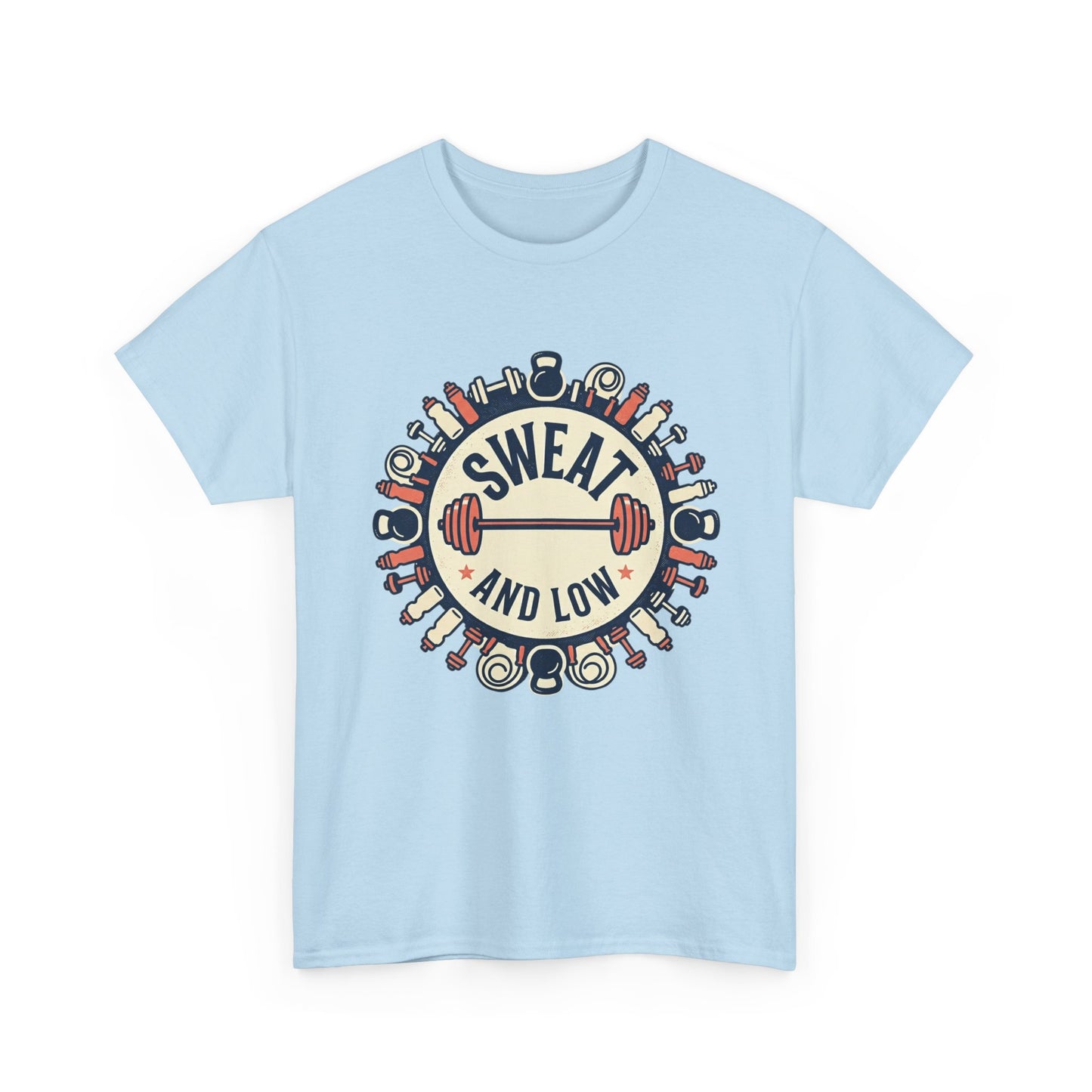 Sweat and Love T-Shirt | Fitness Emblem, Barbell and Kettlebell Design