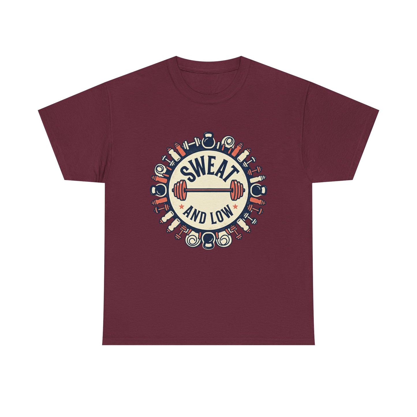 Sweat and Love T-Shirt | Fitness Emblem, Barbell and Kettlebell Design