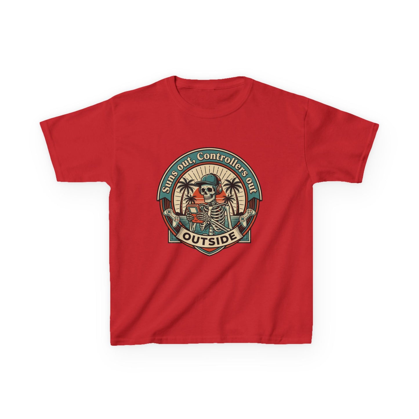 Skeleton Surf Scene Kids Tee | 'Stay Out, Controller's Out' Vintage Beach Badge