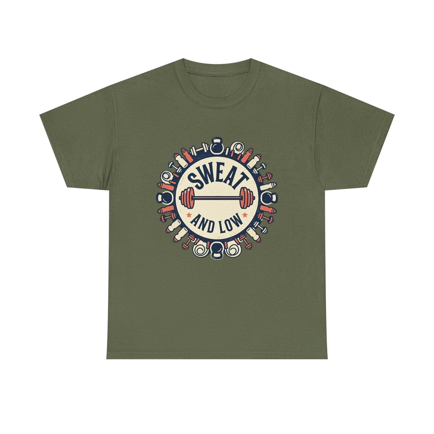 Sweat and Love T-Shirt | Fitness Emblem, Barbell and Kettlebell Design