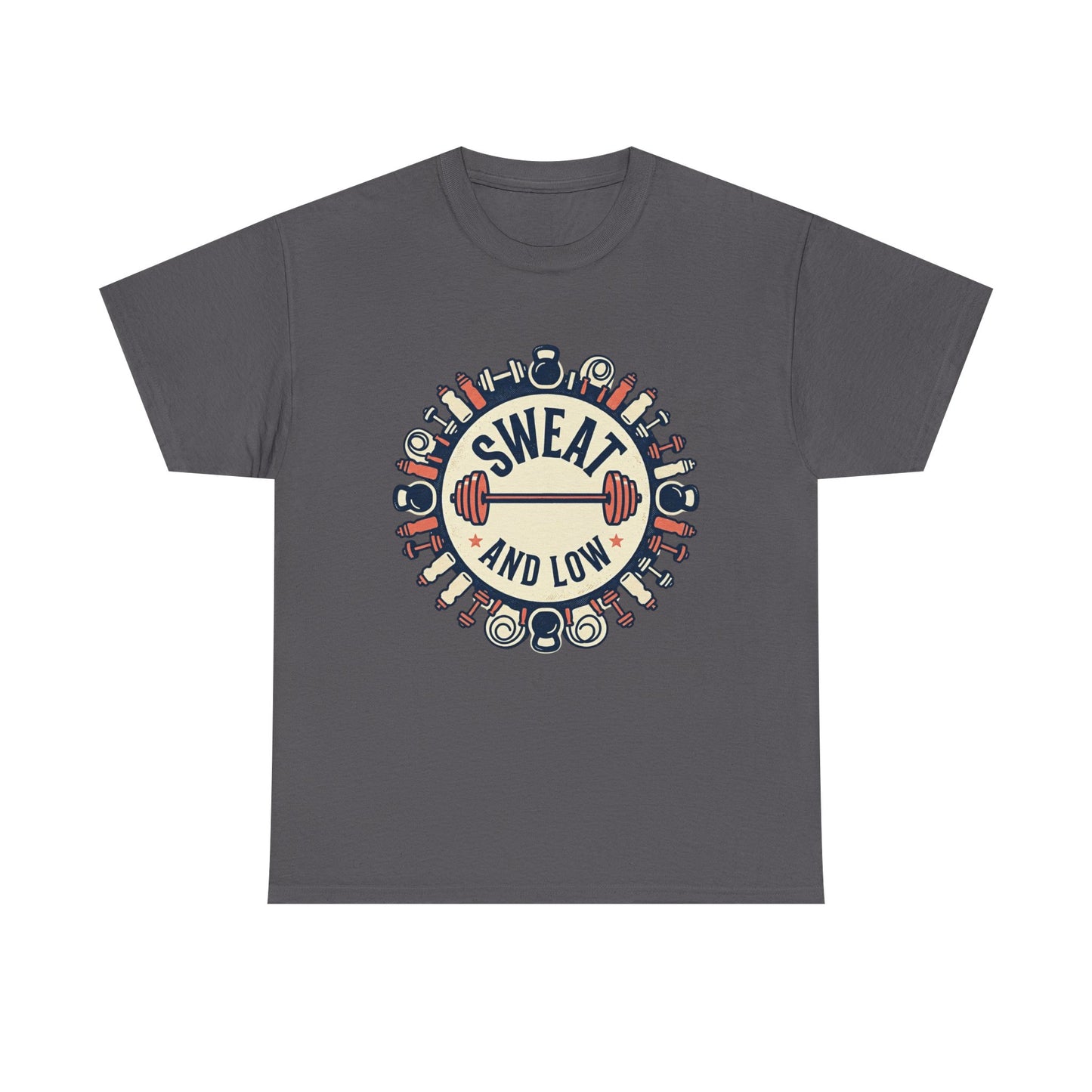 Sweat and Love T-Shirt | Fitness Emblem, Barbell and Kettlebell Design