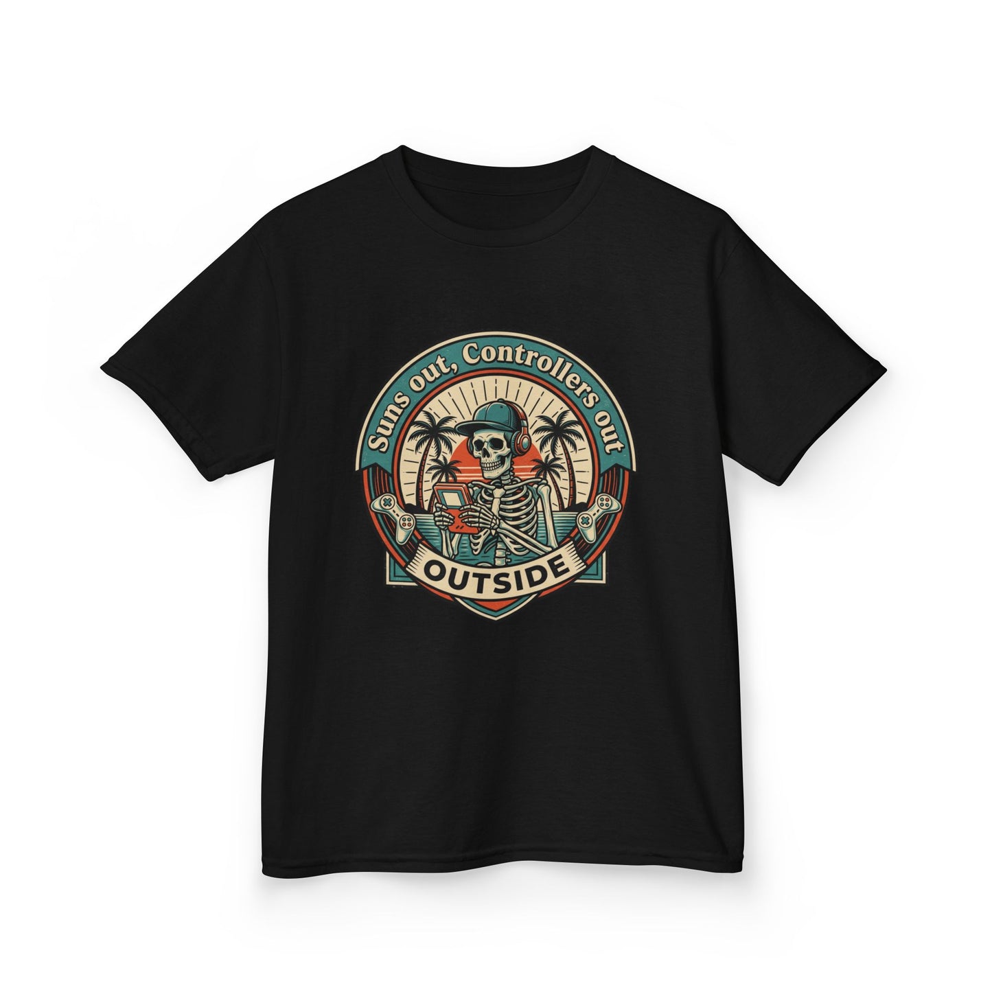 Skeleton Surf Scene Kids Tee | 'Stay Out, Controller's Out' Vintage Beach Badge