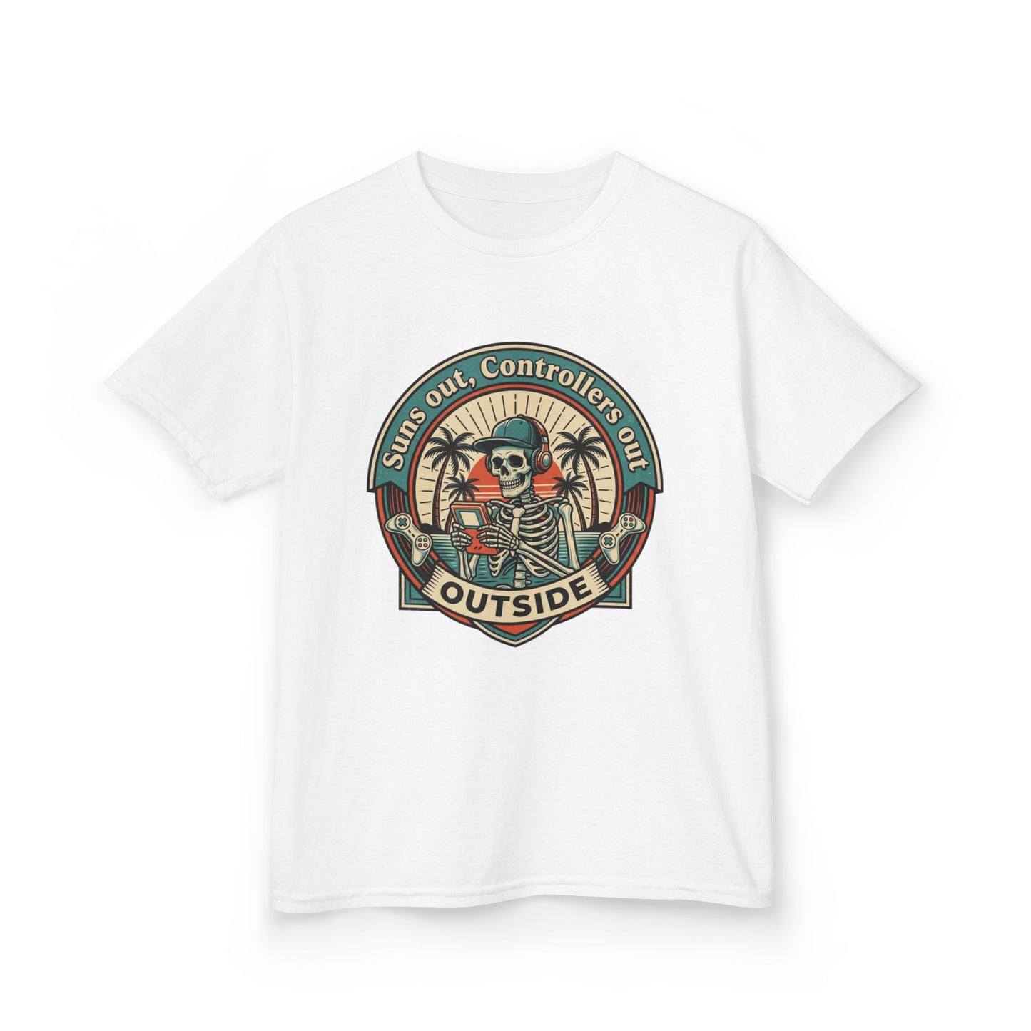 Skeleton Surf Scene Kids Tee | 'Stay Out, Controller's Out' Vintage Beach Badge
