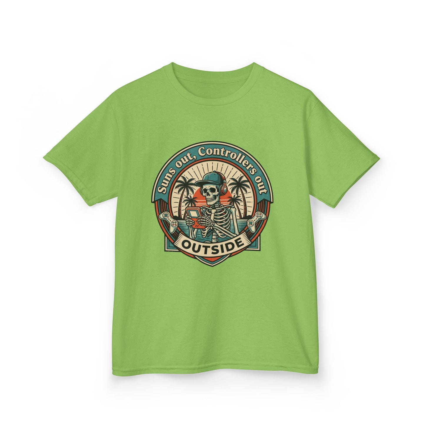 Skeleton Surf Scene Kids Tee | 'Stay Out, Controller's Out' Vintage Beach Badge