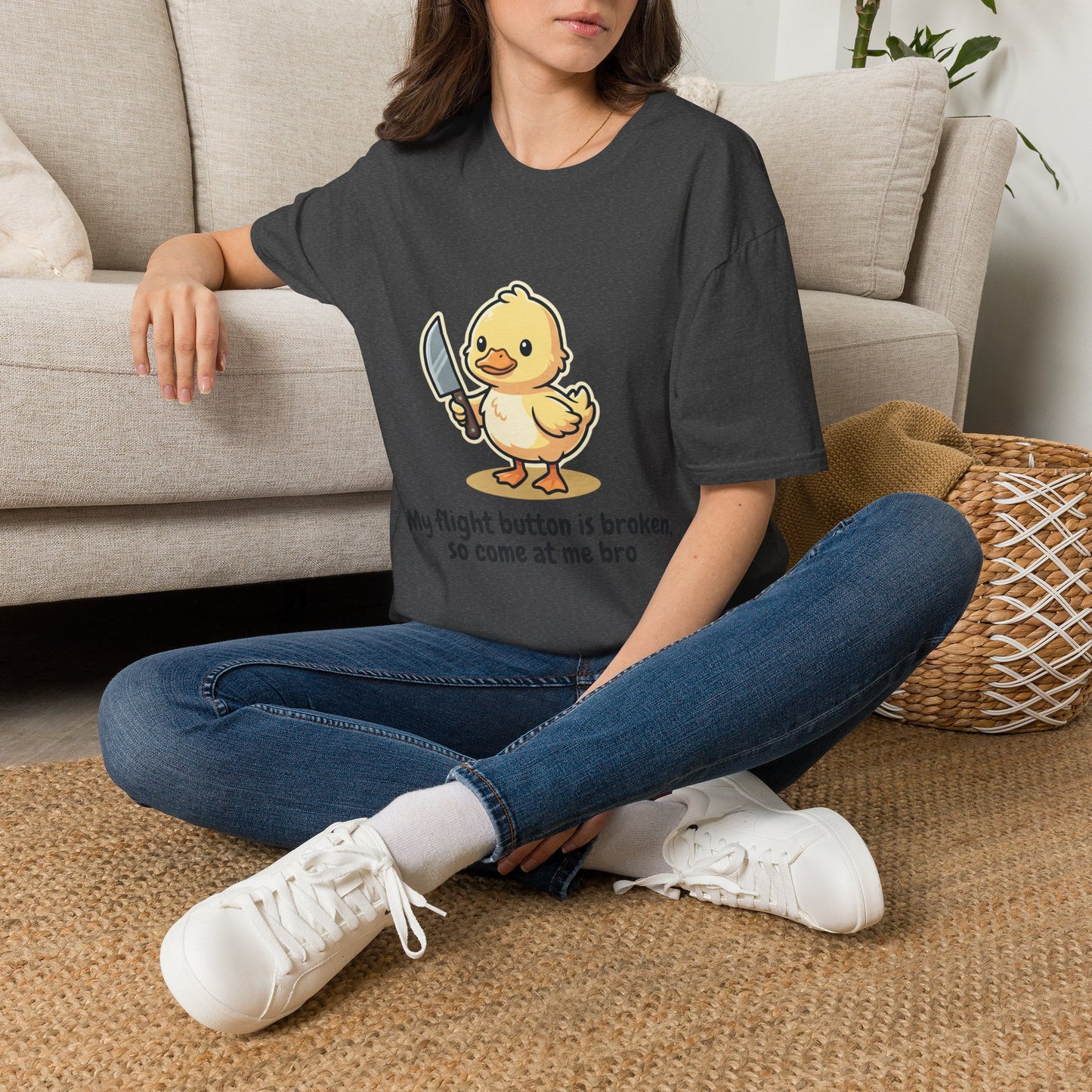 T-Shirt — Cute Angry Chick with Knife "My Flight Button Is Broken So Come At Me Bro"