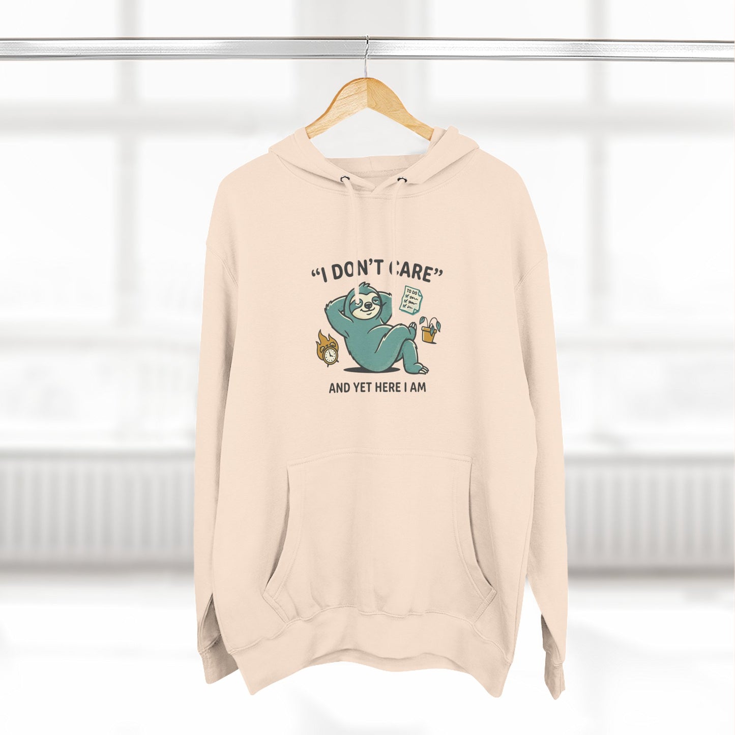 I Don't Care Sloth Hoodie | Lazy Sloth Illustration, Humorous Quote Pullover