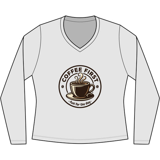 Coffee First cup illustration Long Sleeve V-Neck Tee | coffee lovers