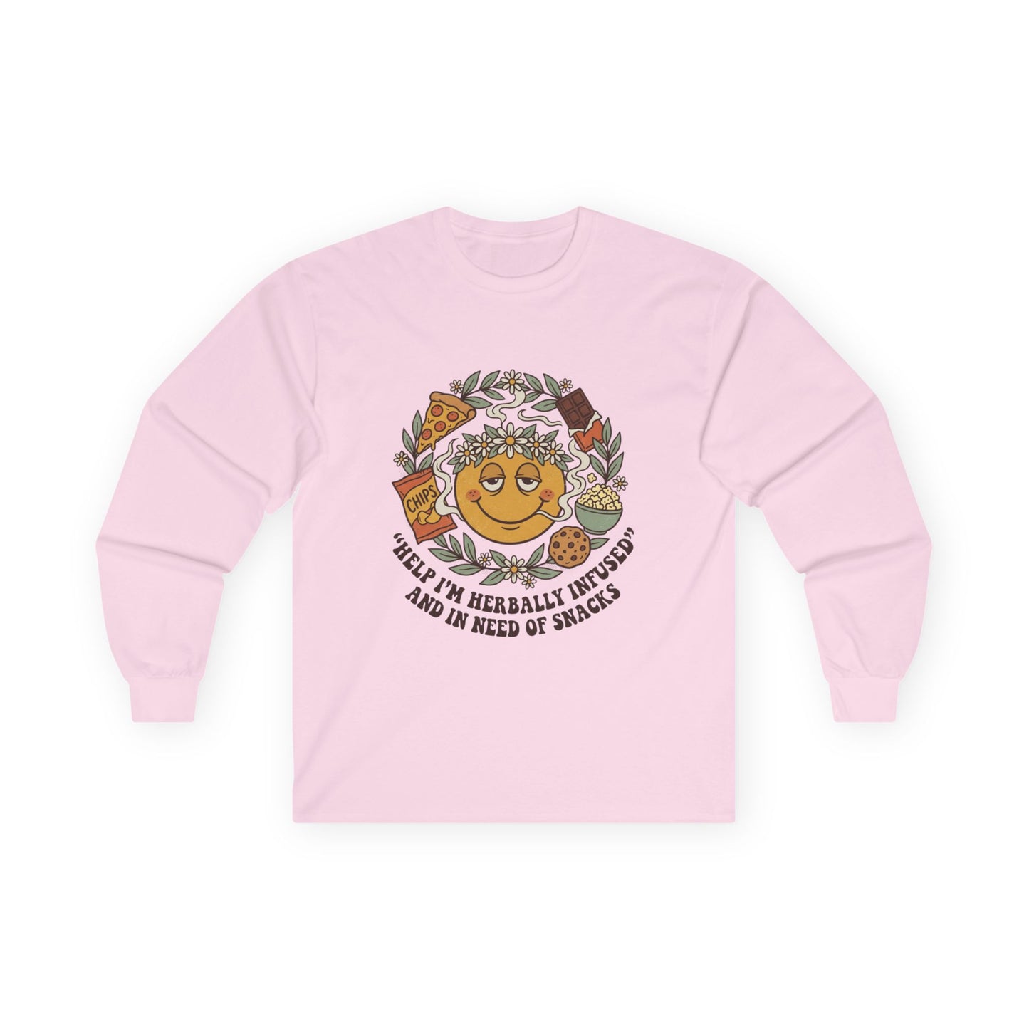 Long Sleeve Tee — 'Heal Thy Herbally Infused, Baked and Kneed of Snacks' Retro Smiley Snack Lovers Shirt