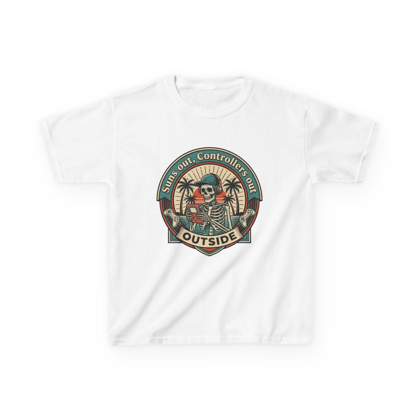 Skeleton Surf Scene Kids Tee | 'Stay Out, Controller's Out' Vintage Beach Badge