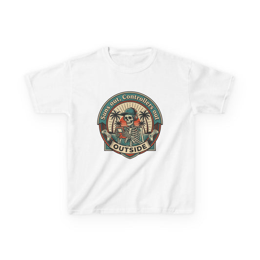 Skeleton Surf Scene Kids Tee | 'Stay Out, Controller's Out' Vintage Beach Badge