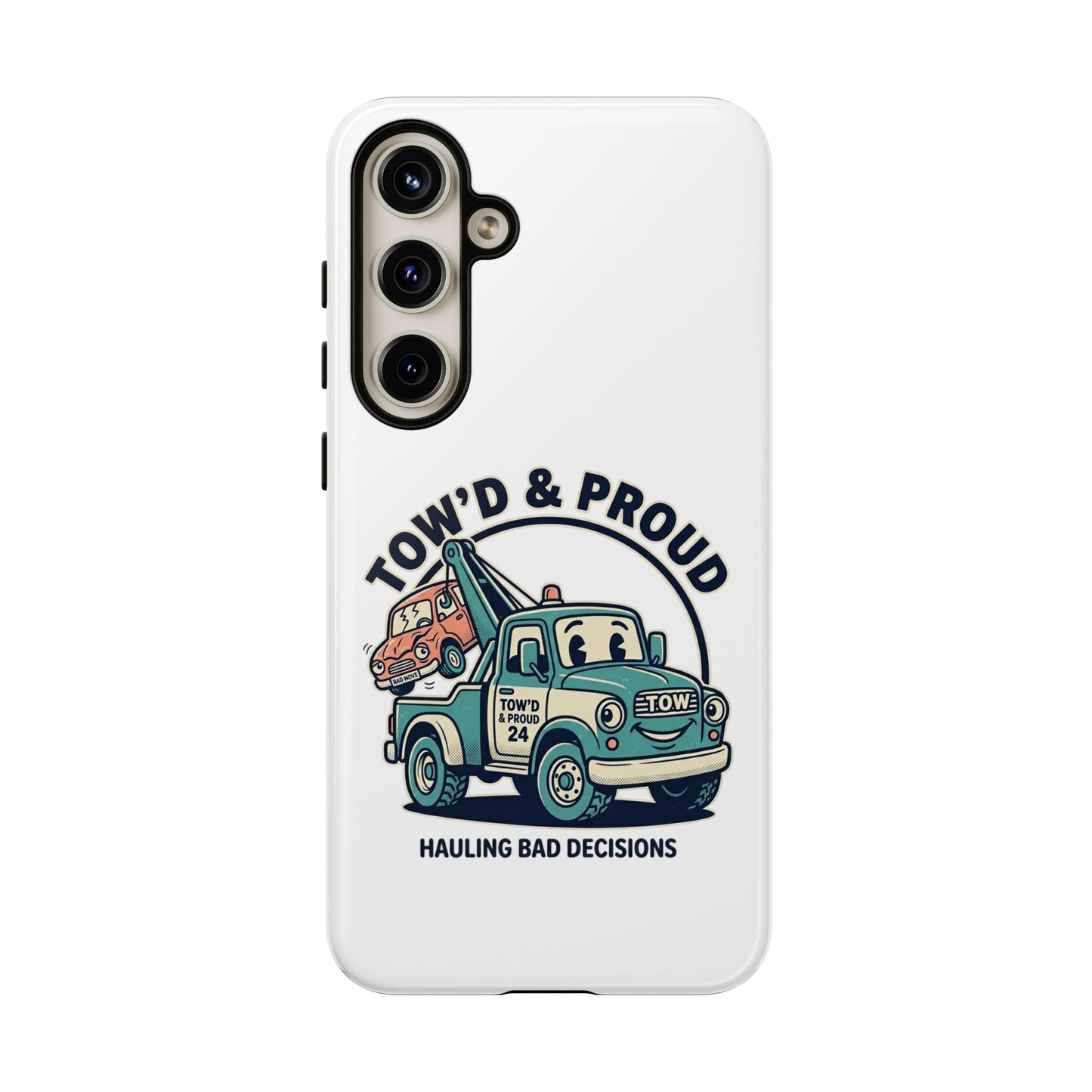 Fast Shipping 3-5 business days in the US. Tow'd & Proud tow truck phone case | humorous tow truck design