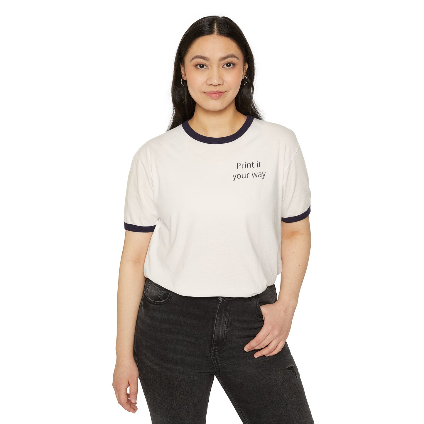 Fast Shipping 3-5 business days in the US. Print It Your Way cream ringer tee | customizable chest text, navy trim