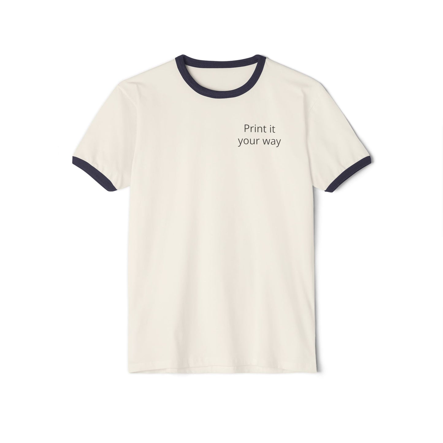 Fast Shipping 3-5 business days in the US. Print It Your Way cream ringer tee | customizable chest text, navy trim
