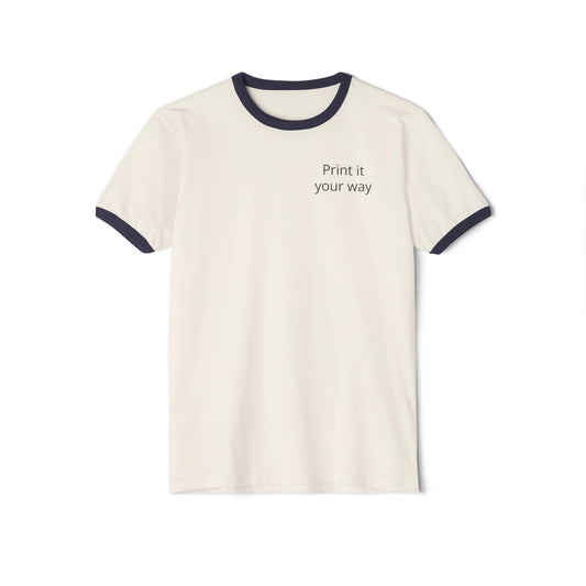 Print It Your Way cream ringer tee | customizable chest text, navy trim