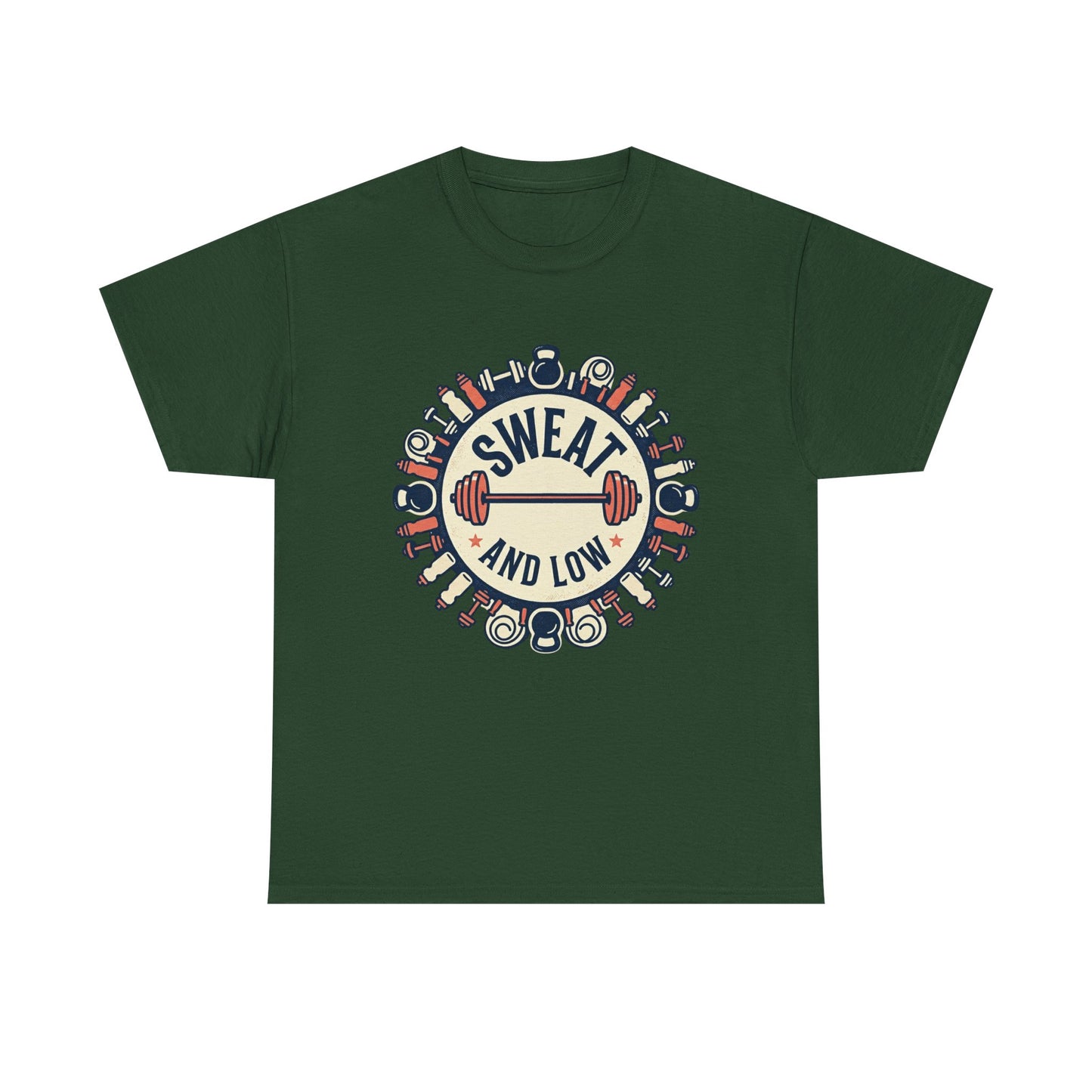 Sweat and Love T-Shirt | Fitness Emblem, Barbell and Kettlebell Design