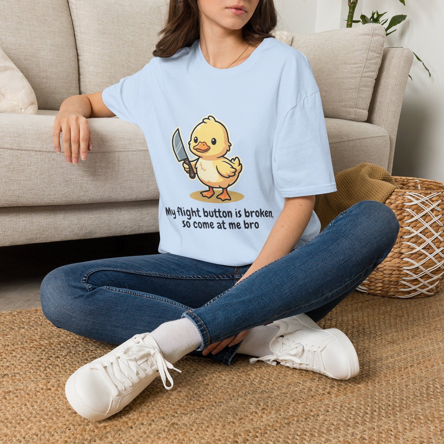 T-Shirt — Cute Angry Chick with Knife "My Flight Button Is Broken So Come At Me Bro"