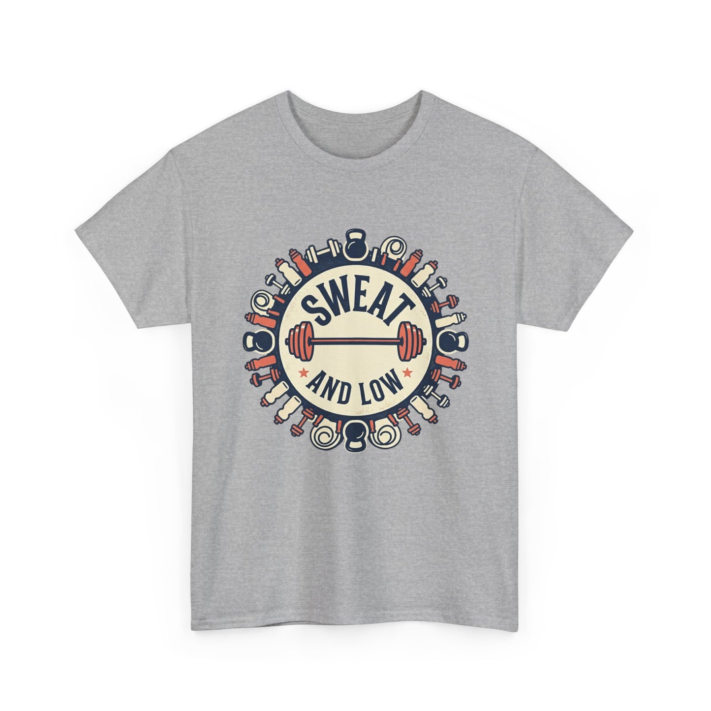 Sweat and Love T-Shirt | Fitness Emblem, Barbell and Kettlebell Design
