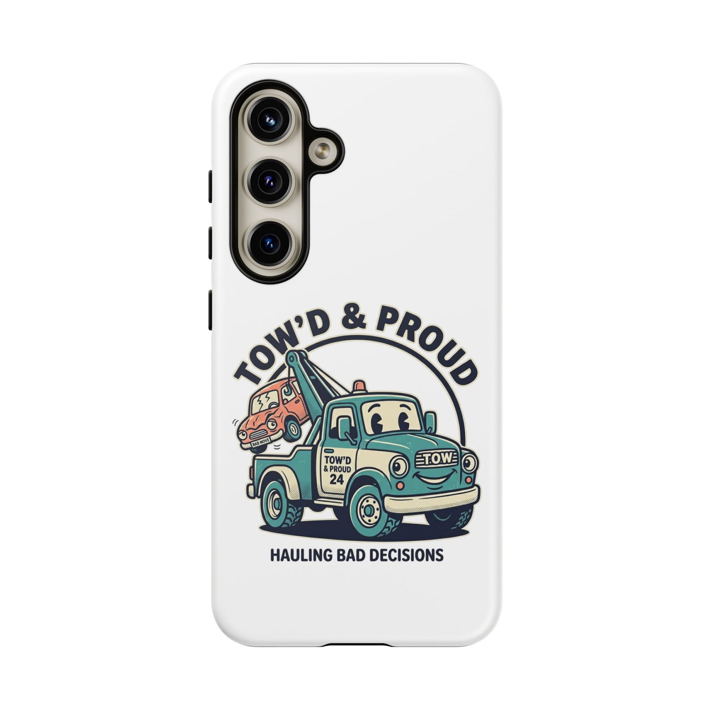 Fast Shipping 3-5 business days in the US. Tow'd & Proud tow truck phone case | humorous tow truck design