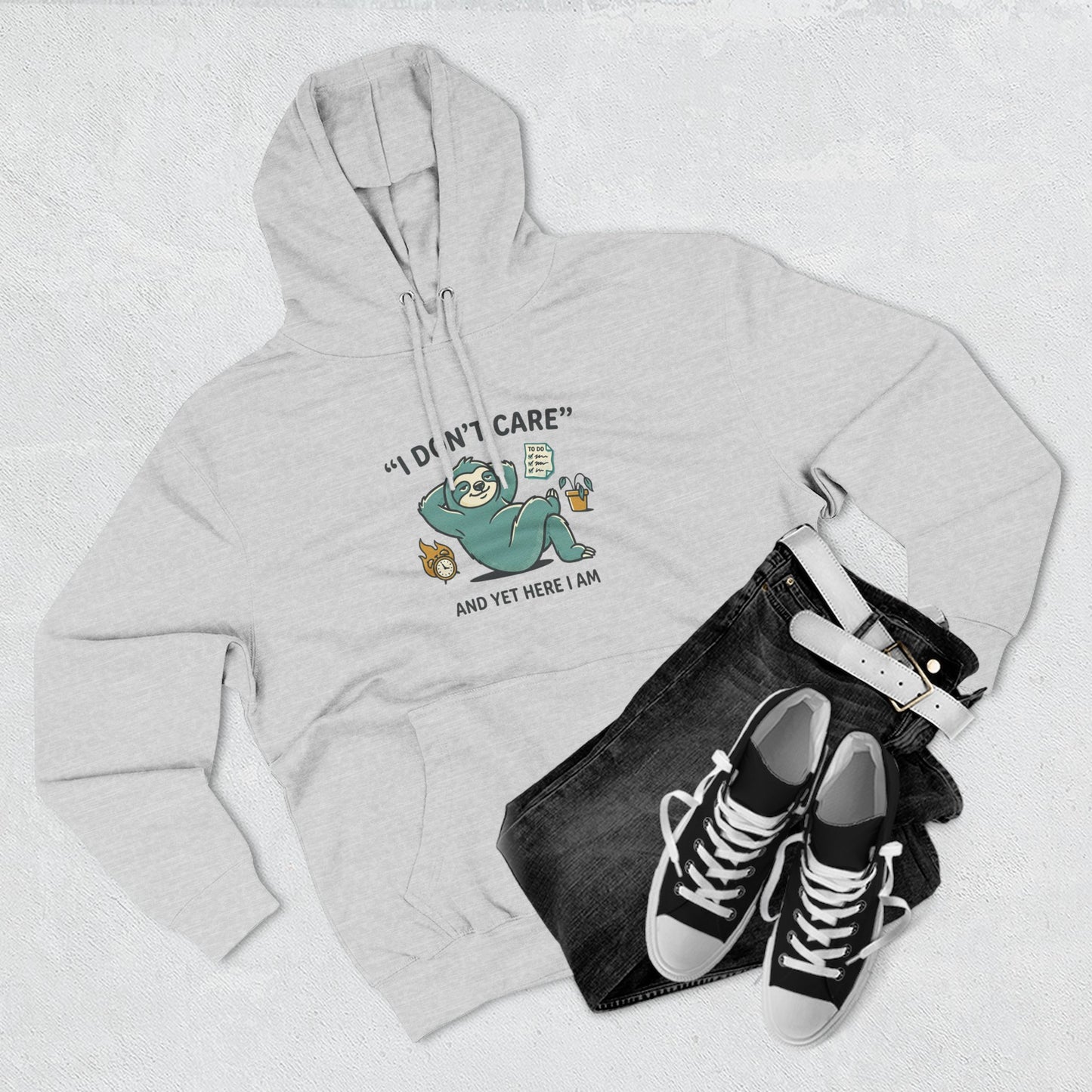 I Don't Care Sloth Hoodie | Lazy Sloth Illustration, Humorous Quote Pullover