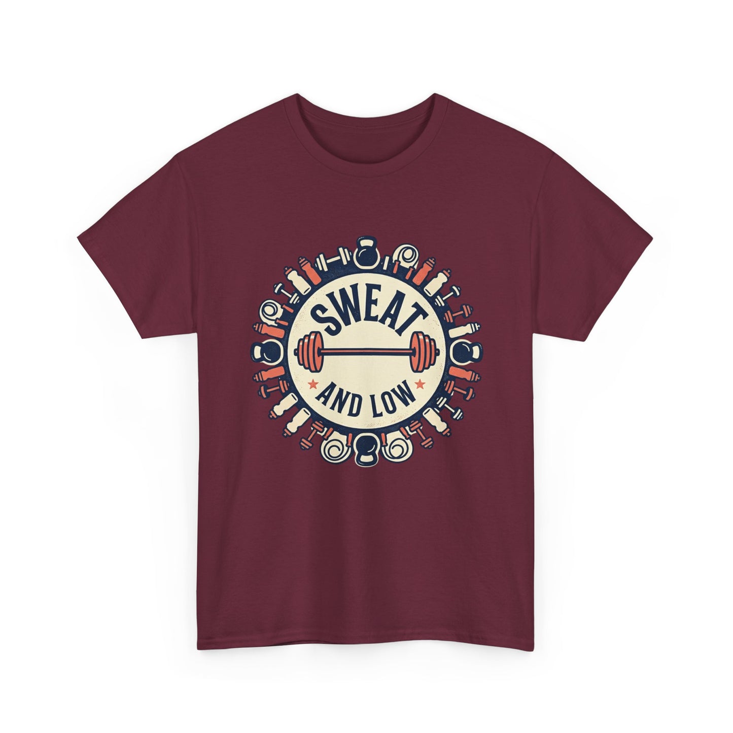 Sweat and Love T-Shirt | Fitness Emblem, Barbell and Kettlebell Design