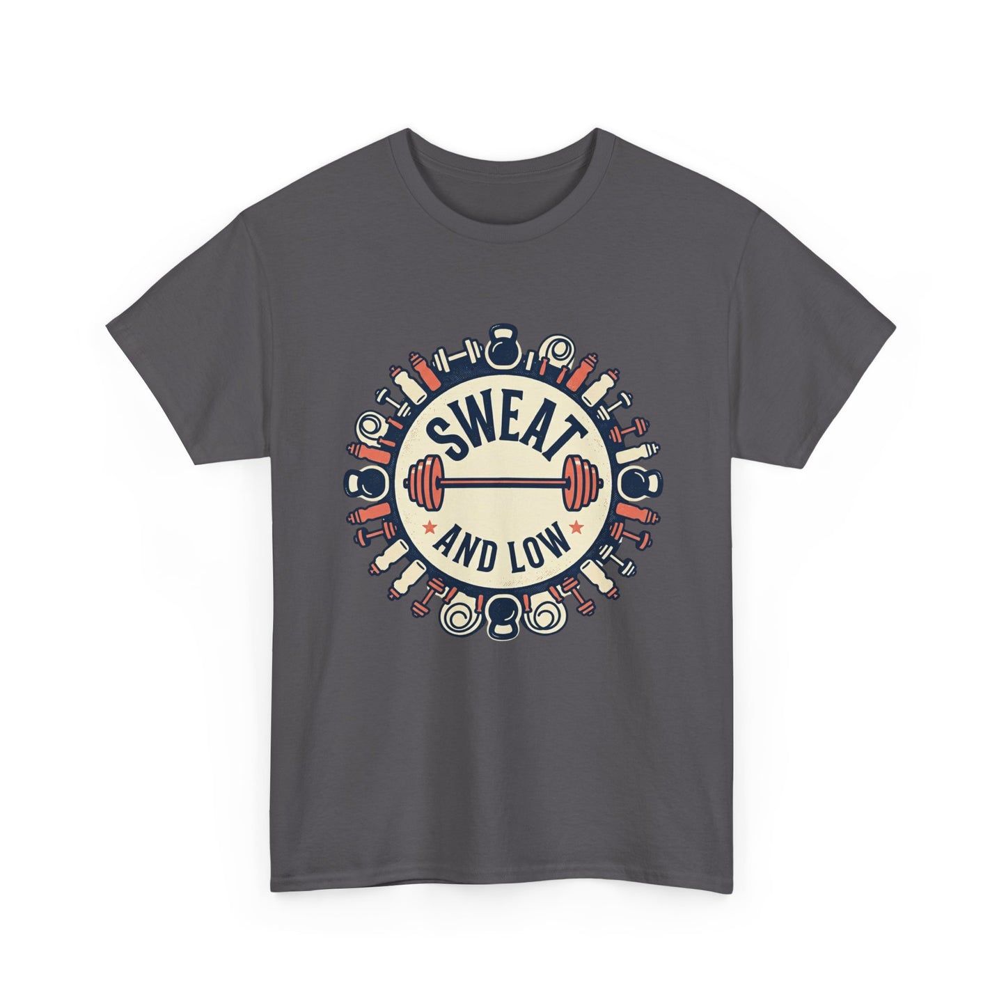 Sweat and Love T-Shirt | Fitness Emblem, Barbell and Kettlebell Design