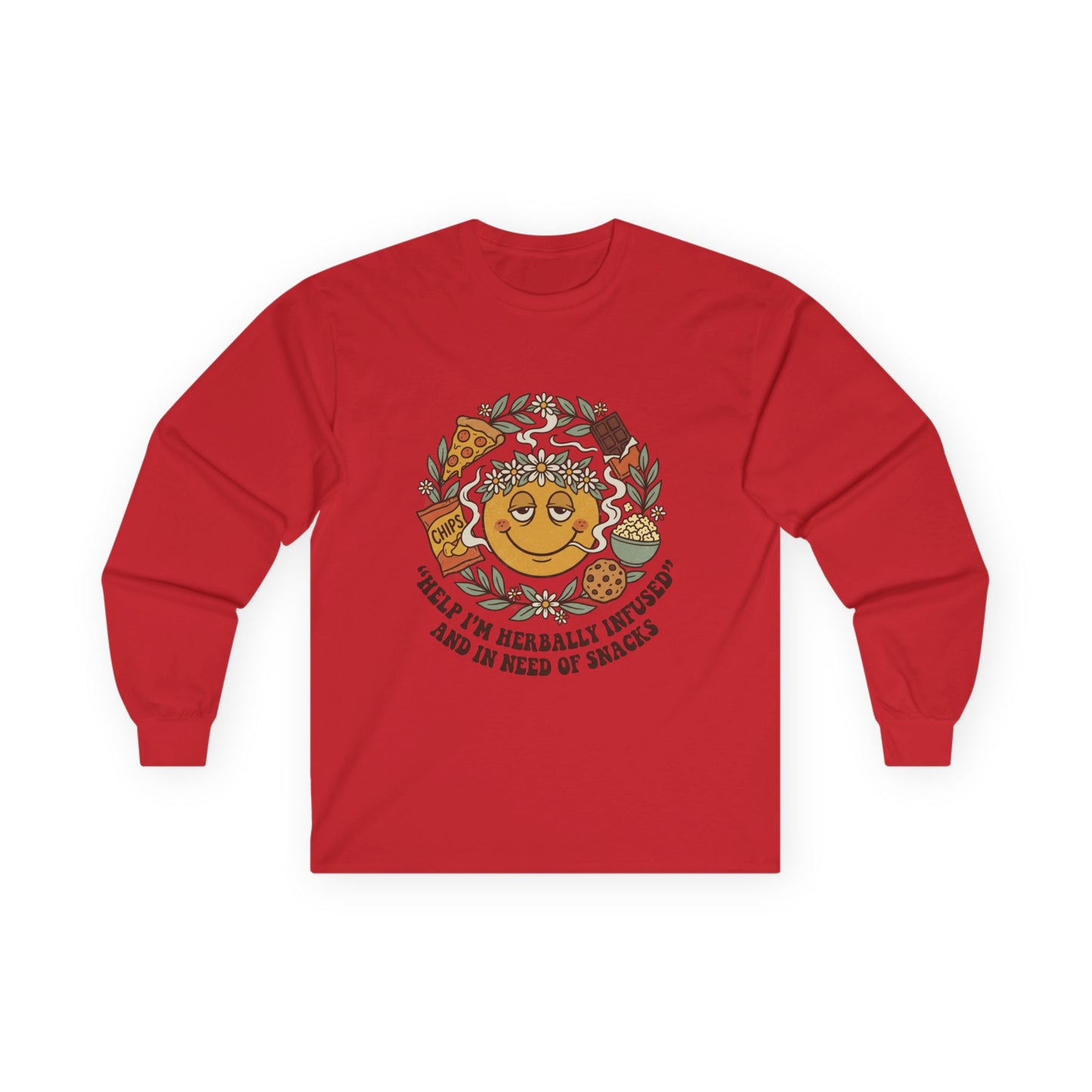 Long Sleeve Tee — 'Heal Thy Herbally Infused, Baked and Kneed of Snacks' Retro Smiley Snack Lovers Shirt
