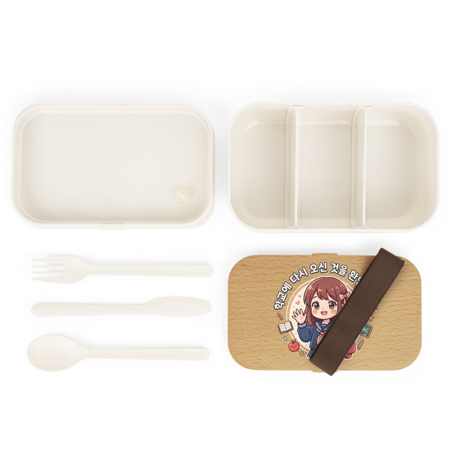 "Welcome Back to School" Korean Bento Lunch Box — Kawaii Anime Schoolgirl, Wood-Style Lid