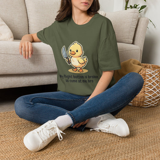 T-Shirt — Cute Angry Chick with Knife "My Flight Button Is Broken So Come At Me Bro"