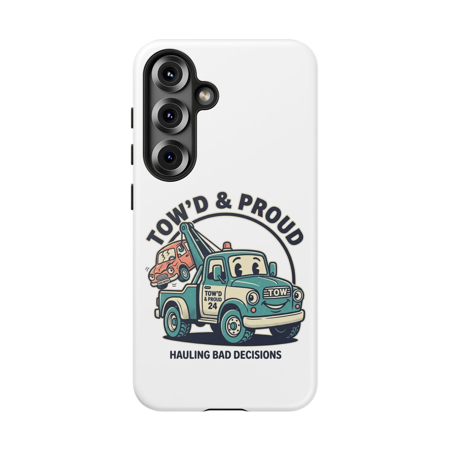 Fast Shipping 3-5 business days in the US. Tow'd & Proud tow truck phone case | humorous tow truck design