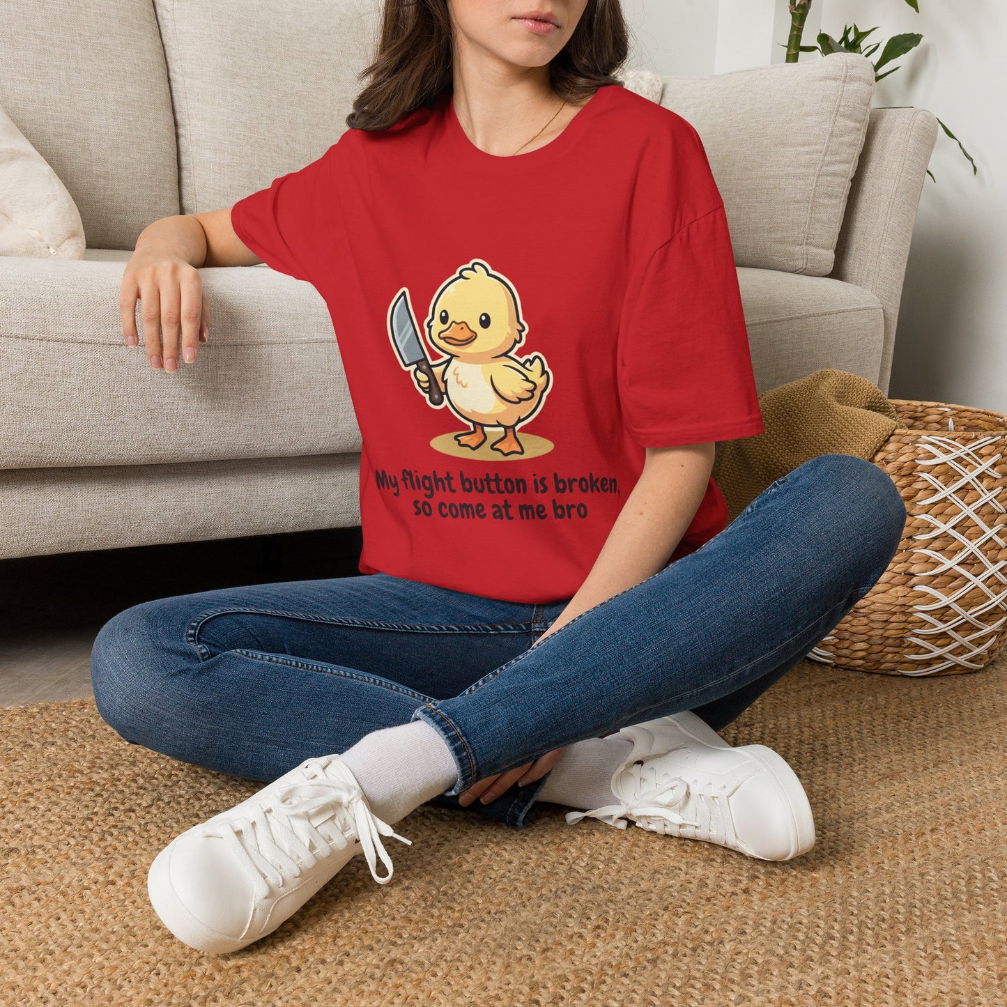 T-Shirt — Cute Angry Chick with Knife "My Flight Button Is Broken So Come At Me Bro"