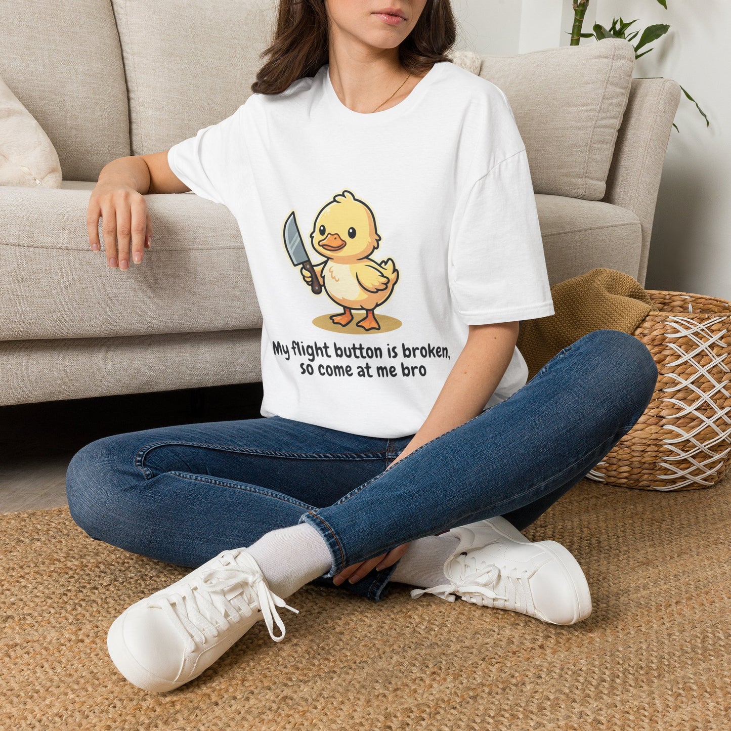 T-Shirt — Cute Angry Chick with Knife "My Flight Button Is Broken So Come At Me Bro"