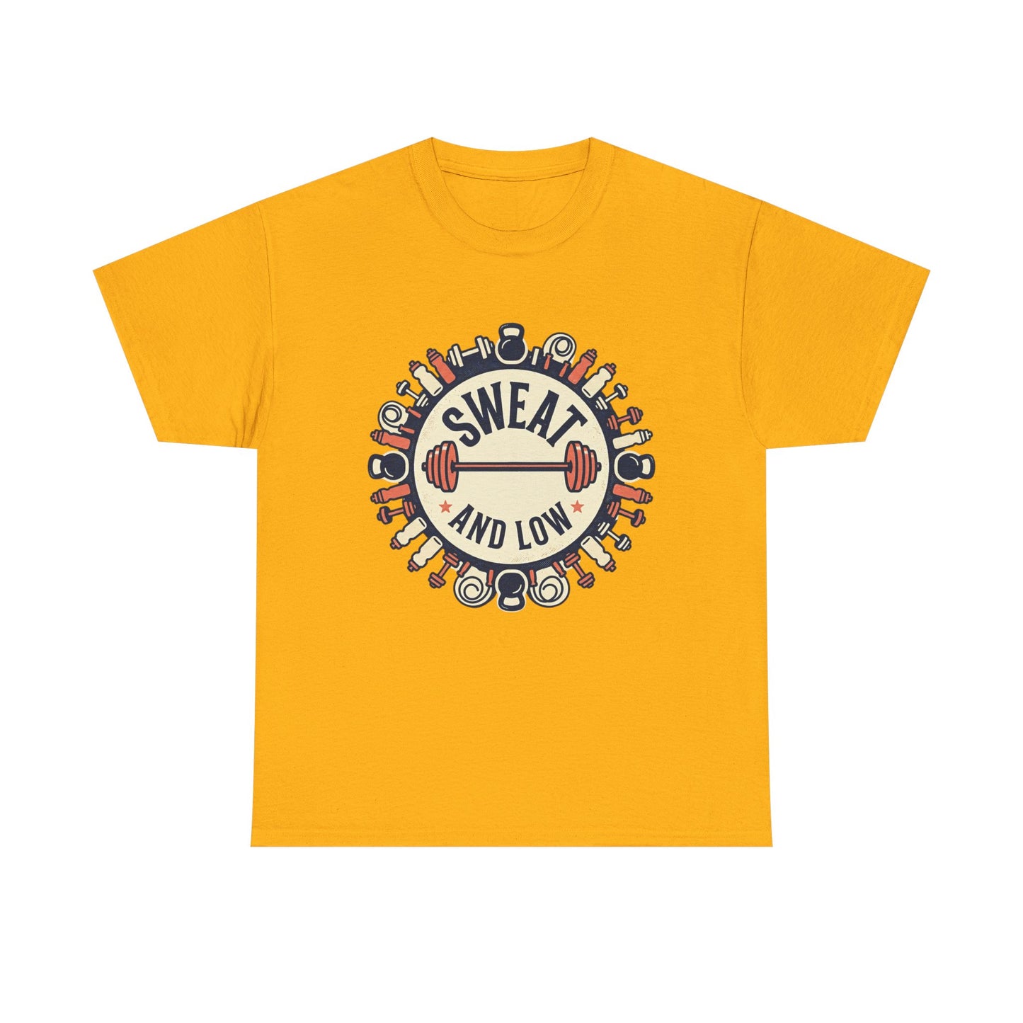 Sweat and Love T-Shirt | Fitness Emblem, Barbell and Kettlebell Design