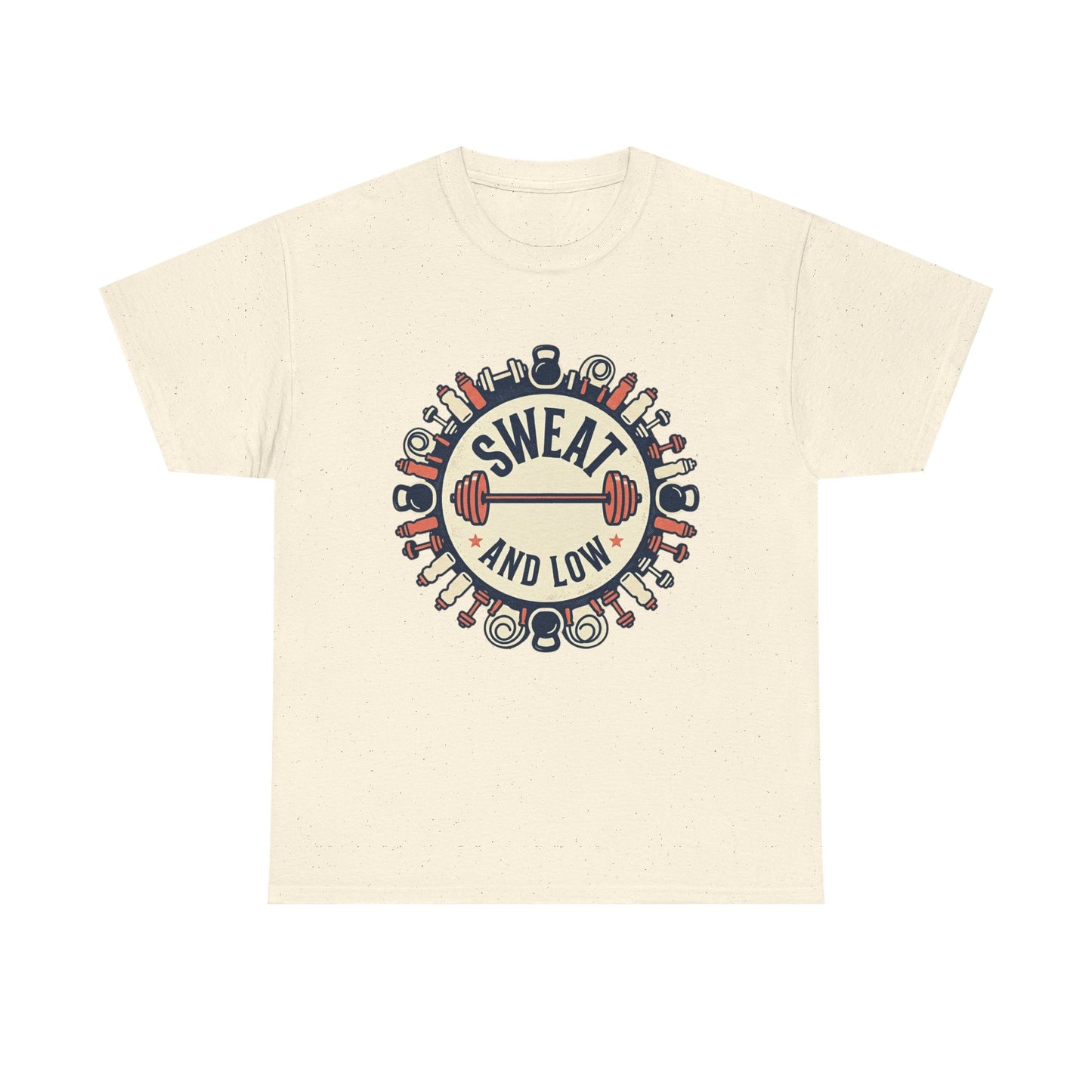 Sweat and Love T-Shirt | Fitness Emblem, Barbell and Kettlebell Design