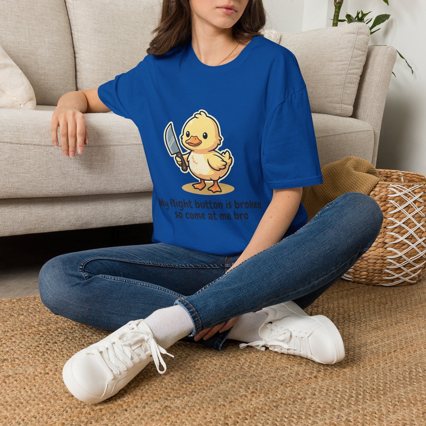 T-Shirt — Cute Angry Chick with Knife "My Flight Button Is Broken So Come At Me Bro"