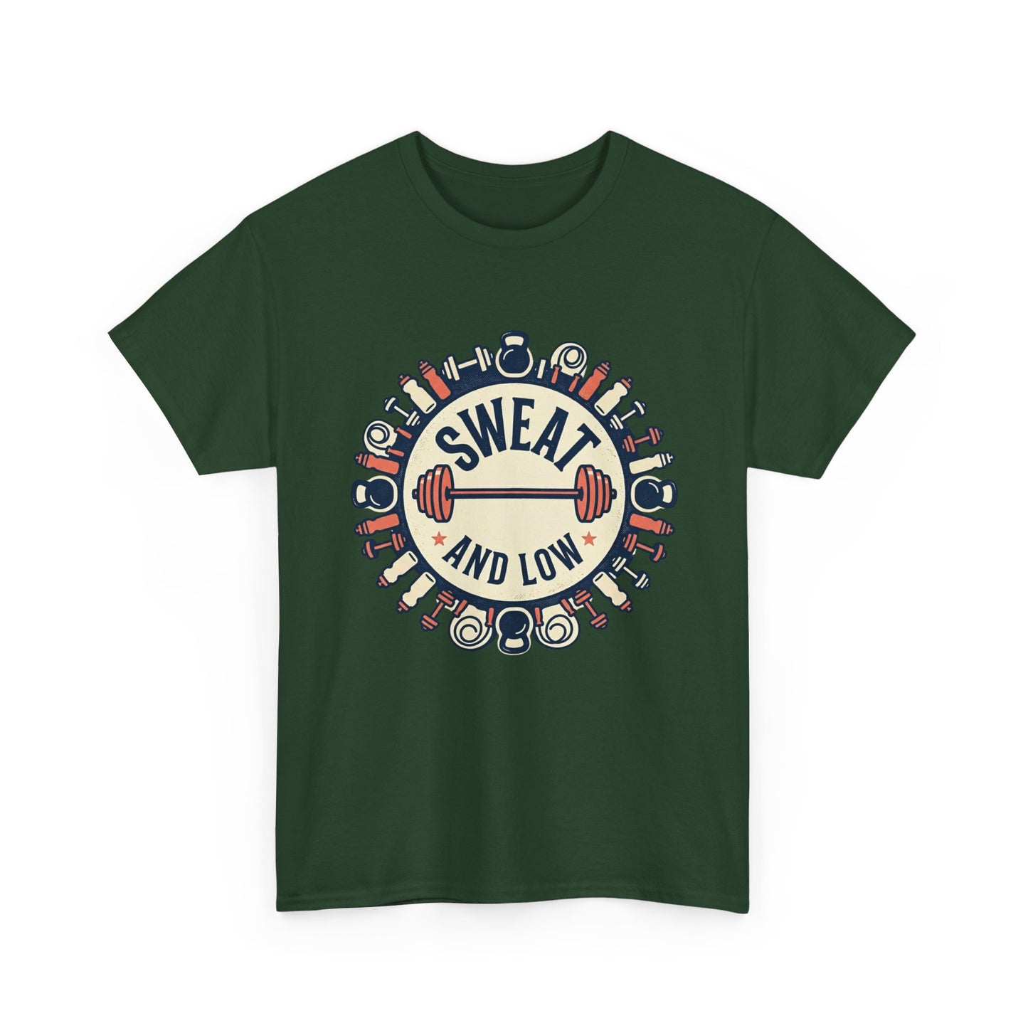 Sweat and Love T-Shirt | Fitness Emblem, Barbell and Kettlebell Design