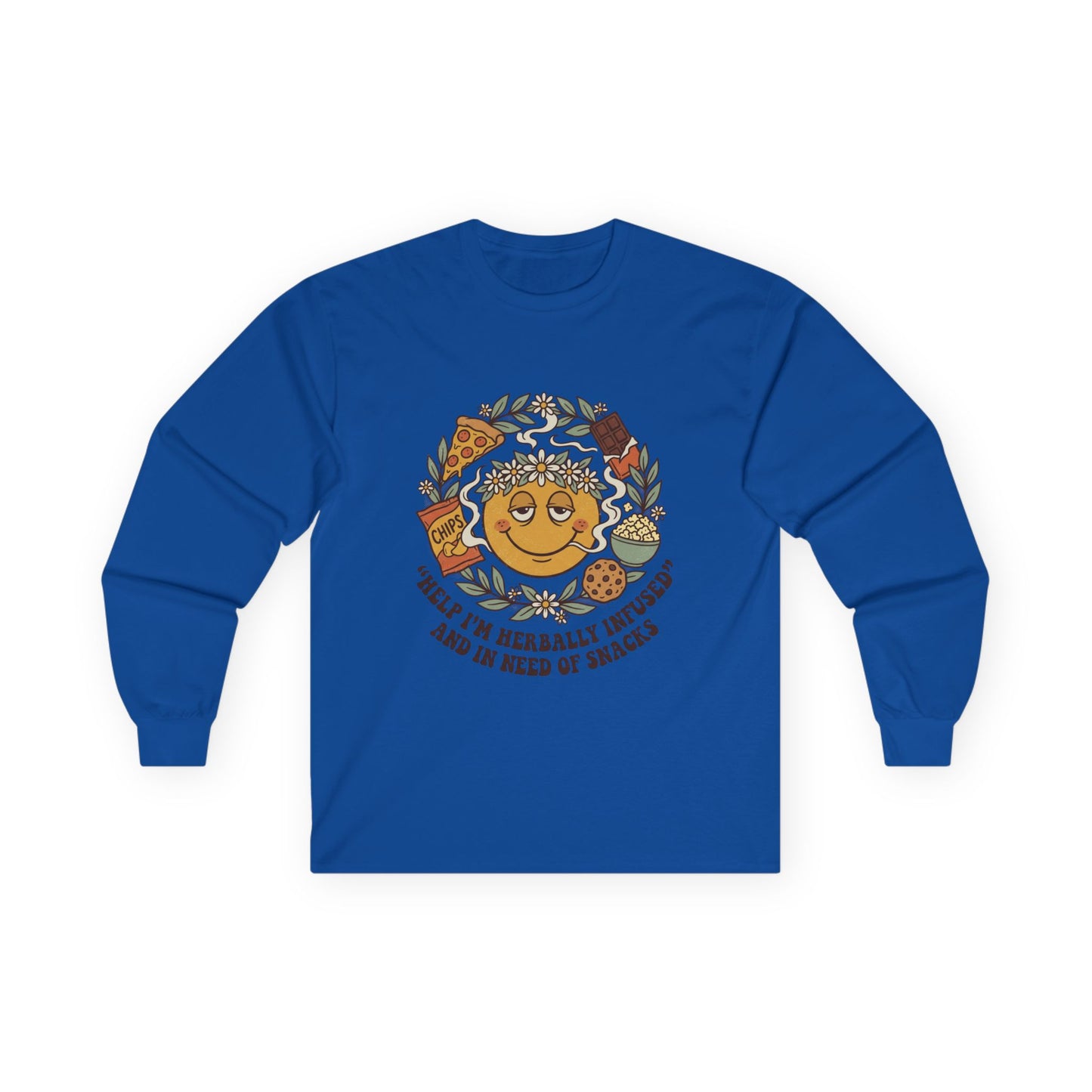 Long Sleeve Tee — 'Heal Thy Herbally Infused, Baked and Kneed of Snacks' Retro Smiley Snack Lovers Shirt