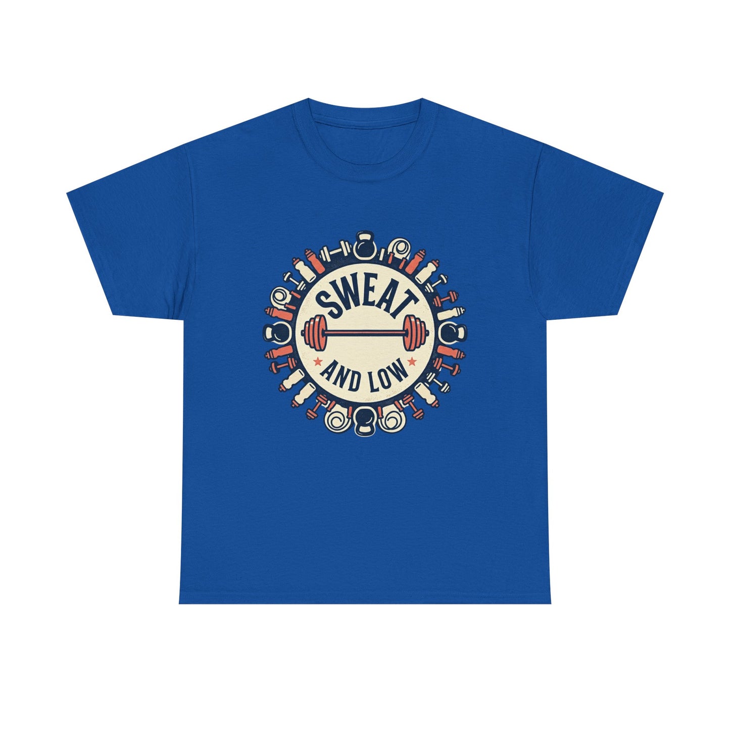 Sweat and Love T-Shirt | Fitness Emblem, Barbell and Kettlebell Design