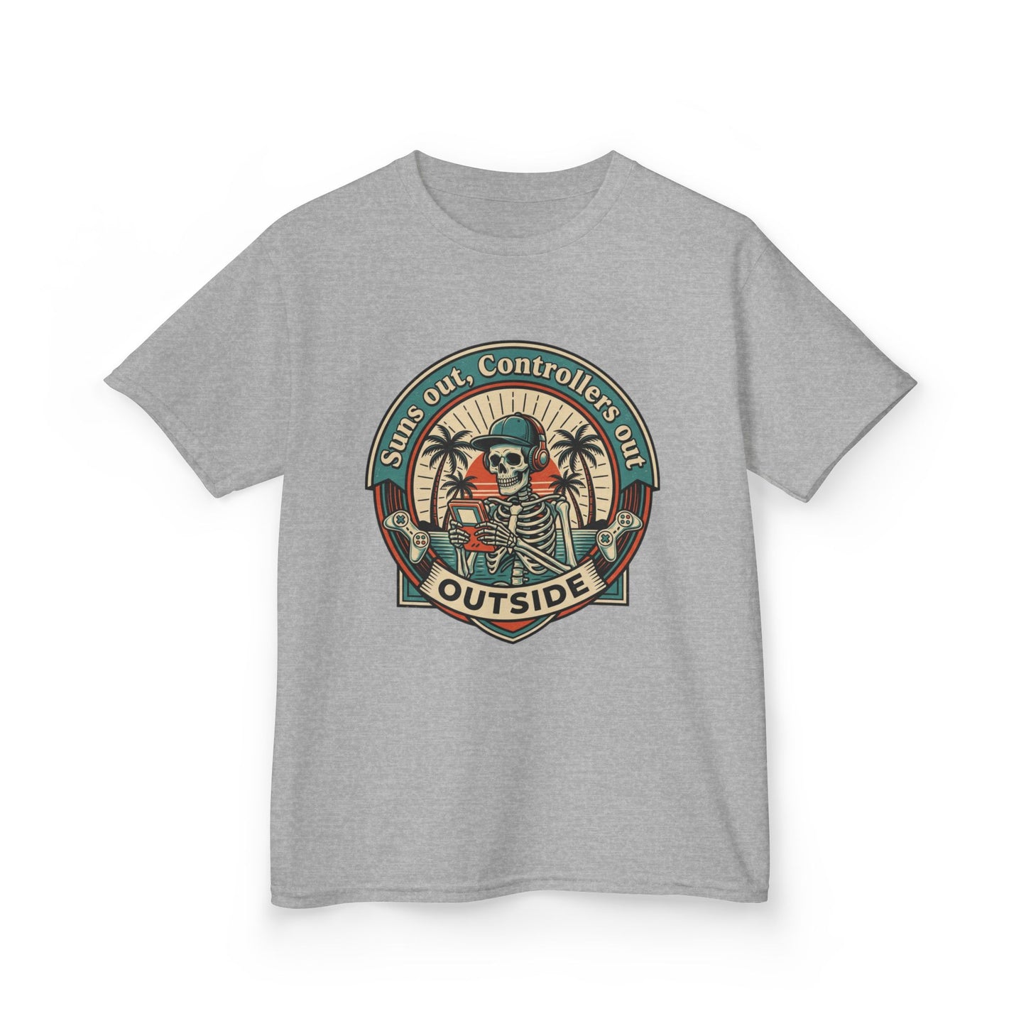 Skeleton Surf Scene Kids Tee | 'Stay Out, Controller's Out' Vintage Beach Badge